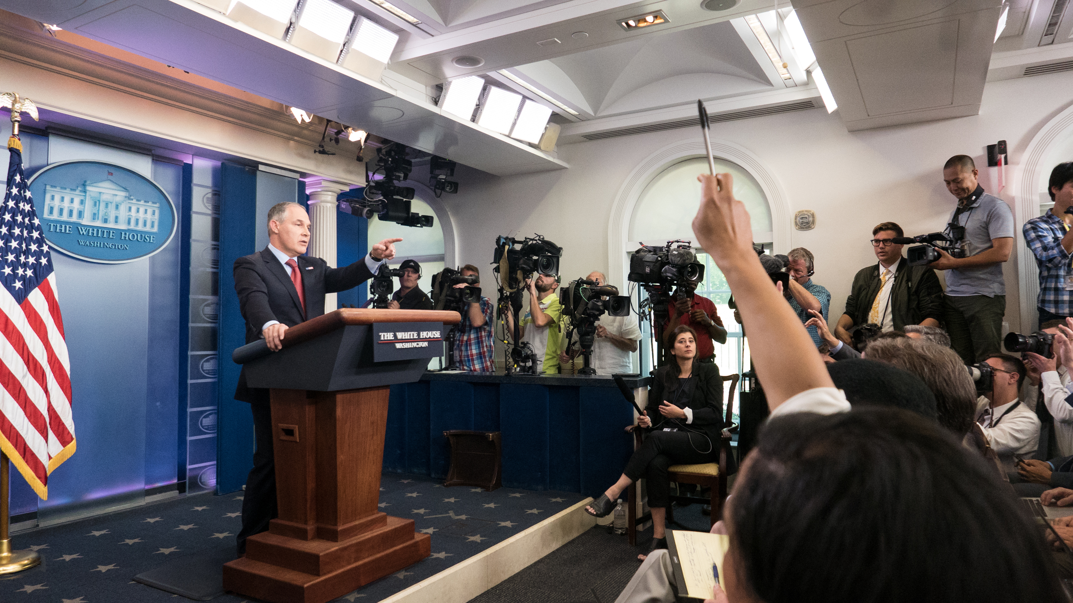 Administrator of the Environmental Protection Agency Scott Pruitt answers questions during a White House press briefing. (CREDIT: Cheriss May/NurPhoto via Getty Images)