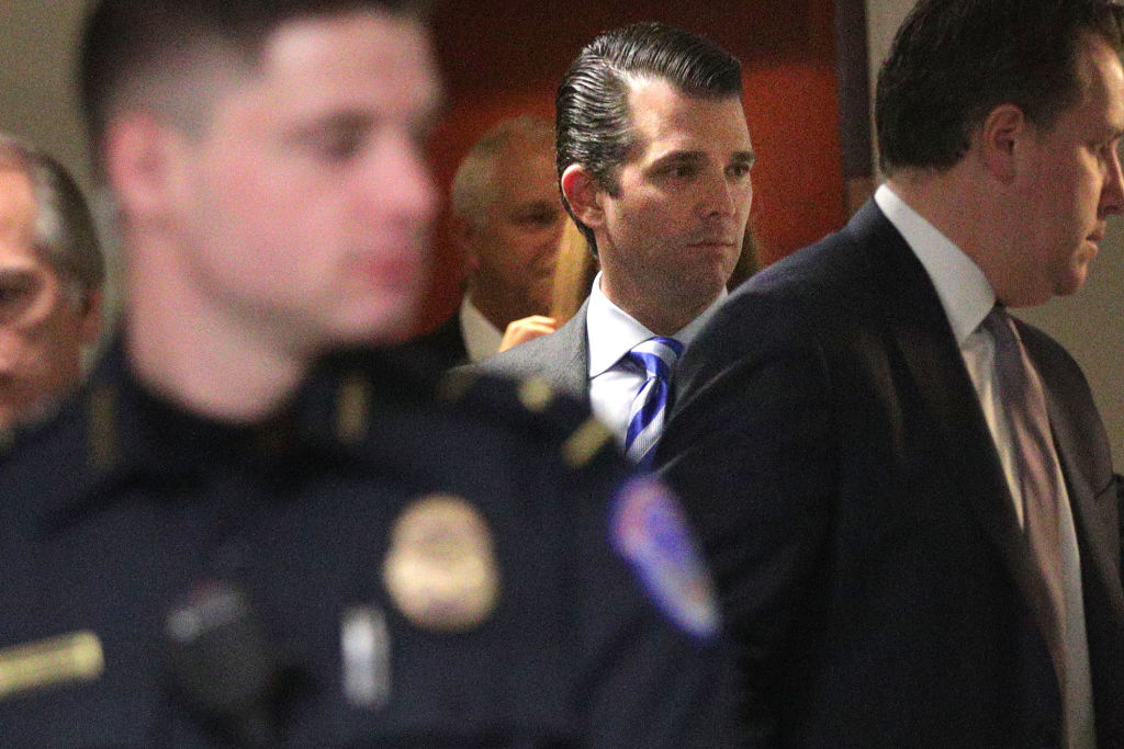 Donald Trump Jr. takes a restroom break during a closed door meeting with Senate Intelligence Committee December 13, 2017 on Capitol Hill in Washington, DC. CREDIT: Alex Wong/Getty Images
