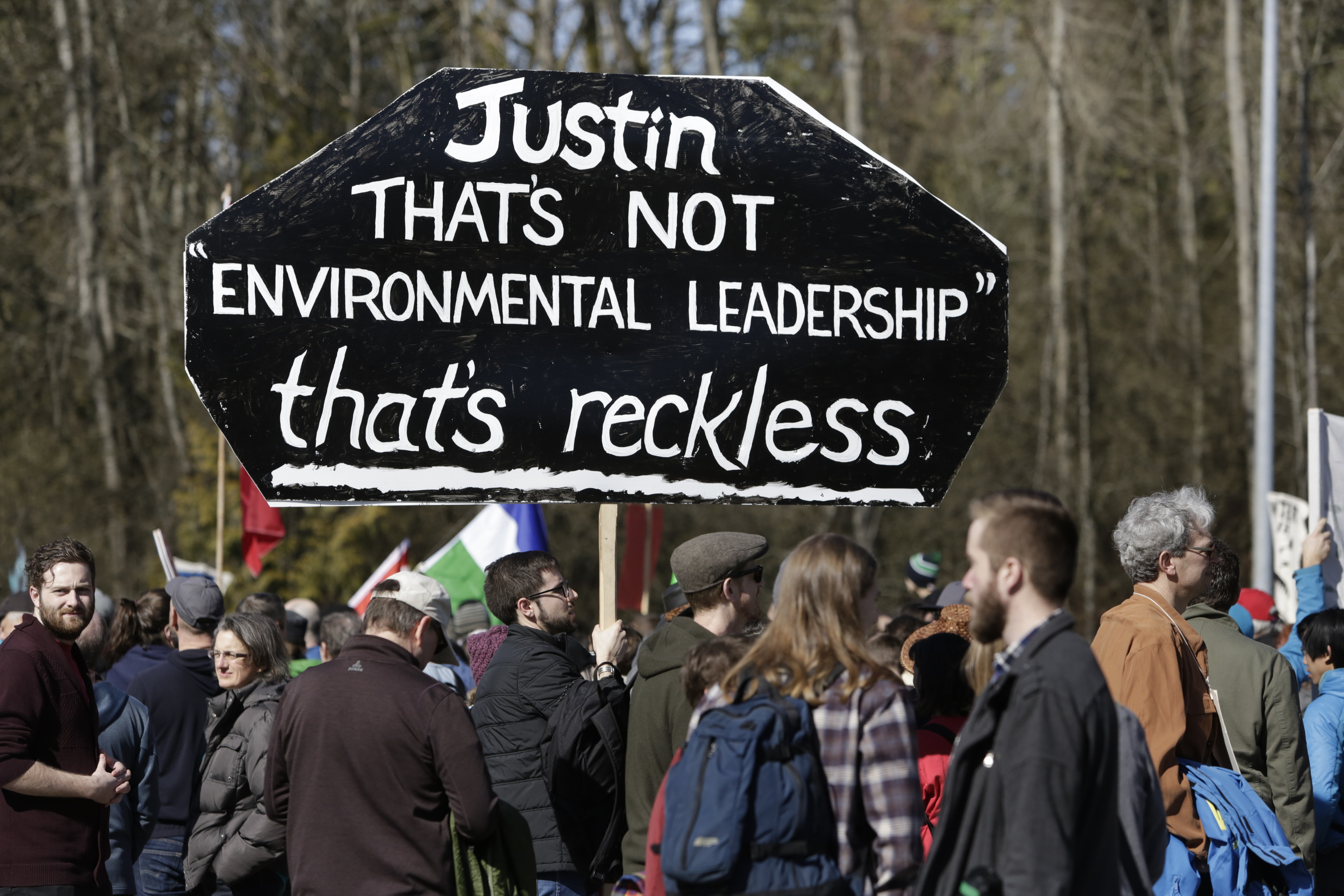Coast Salish Water Protectors and others demonstrate against the expansion of Texas-based Kinder Morgan's Trans Mountain pipeline project in Burnaby, British Columbia, Canada on March 10, 2018. (CREDIT: JASON REDMOND/AFP/Getty Images)