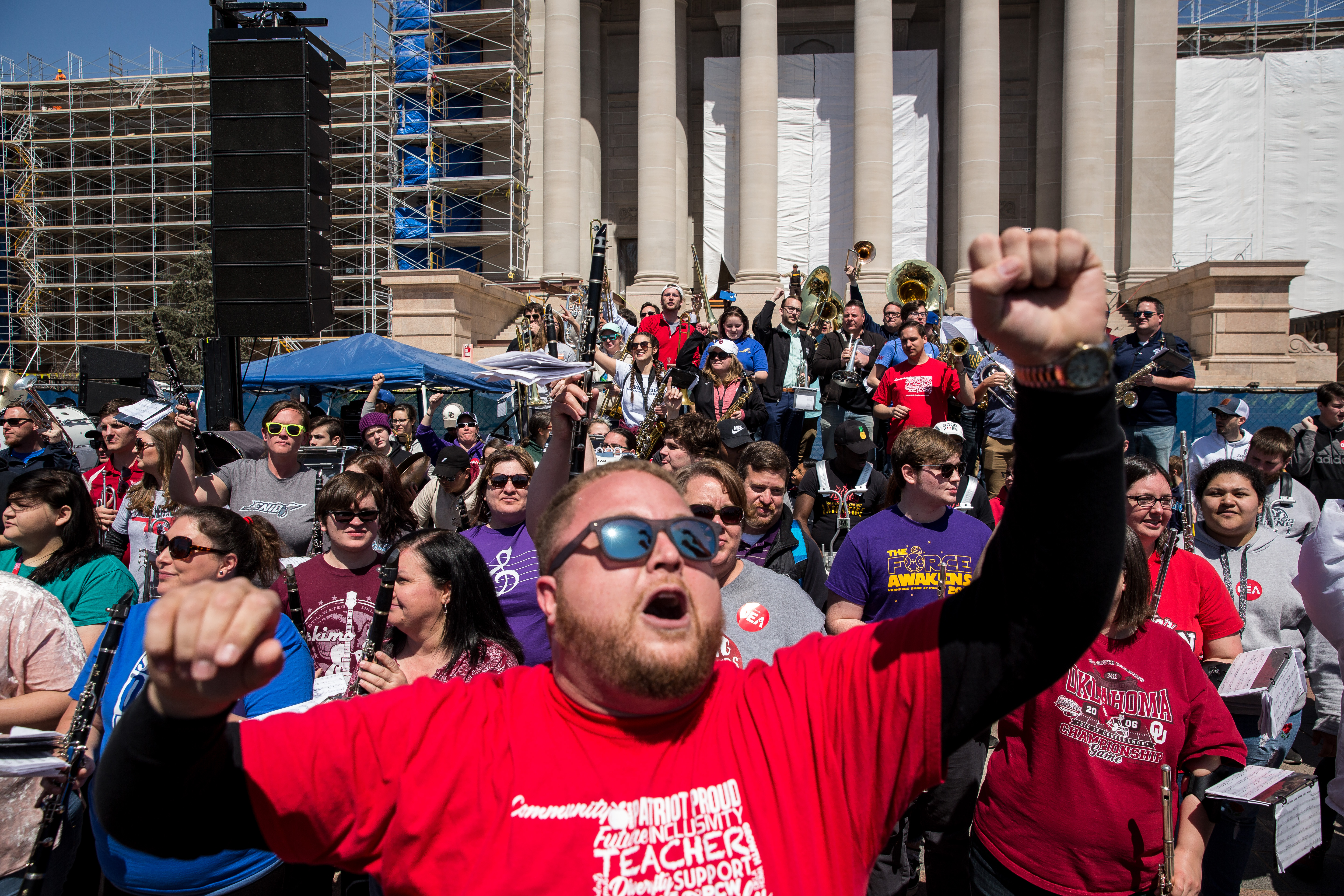 Putnam City West band director Edward Hudson leads The Oklahoma Teacher Walkout Band in a pep rally on the steps of the state Capitol on April 4, 2018 in Oklahoma City, Oklahoma. (CREDIT: Scott Heins/Getty Images)