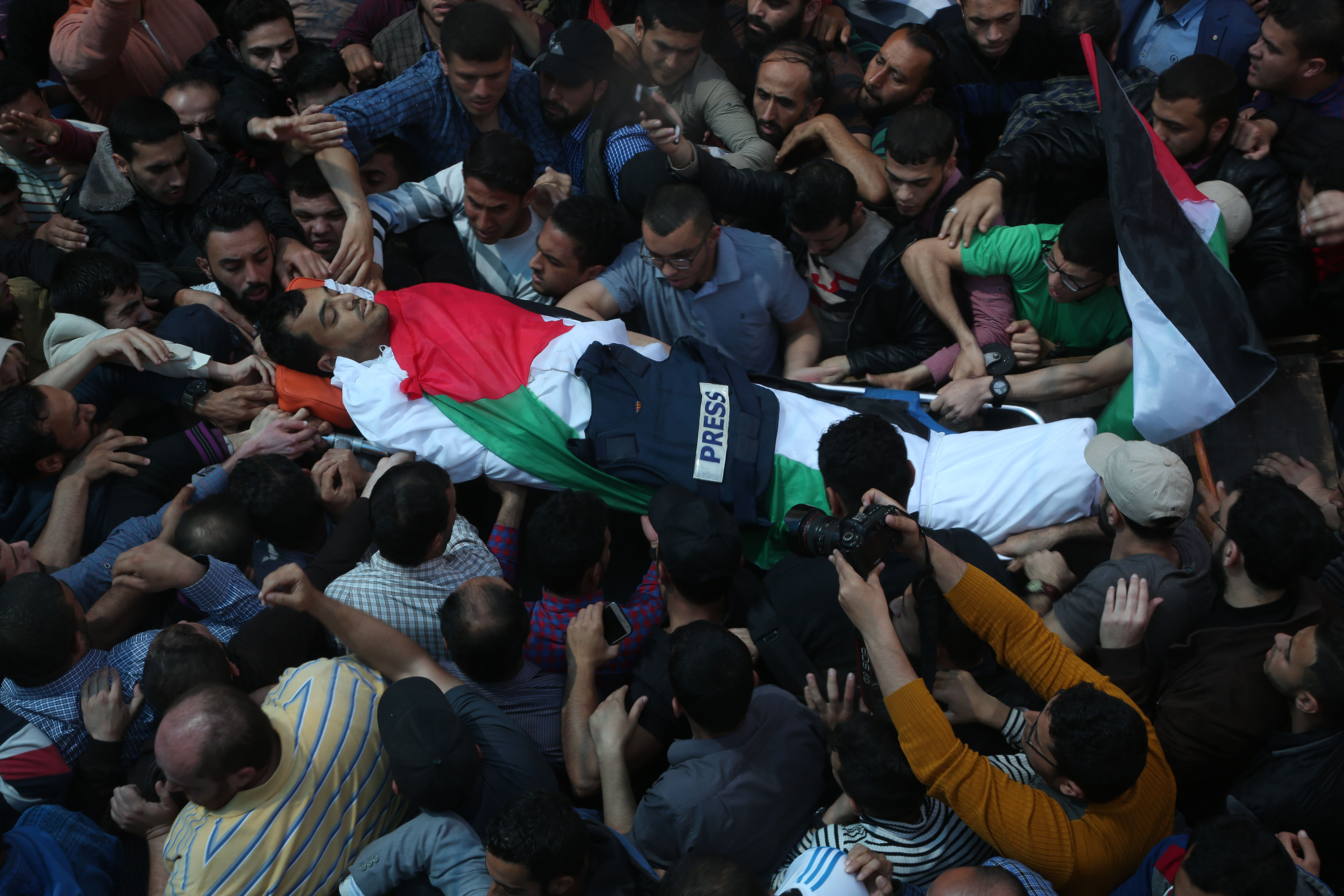 Murtaja's company confirmed his death, with witnesses saying he was close to the front of the protests in Southern Gaza when he was hit. CREDIT: Majdi Fathi/NurPhoto/Getty Images.