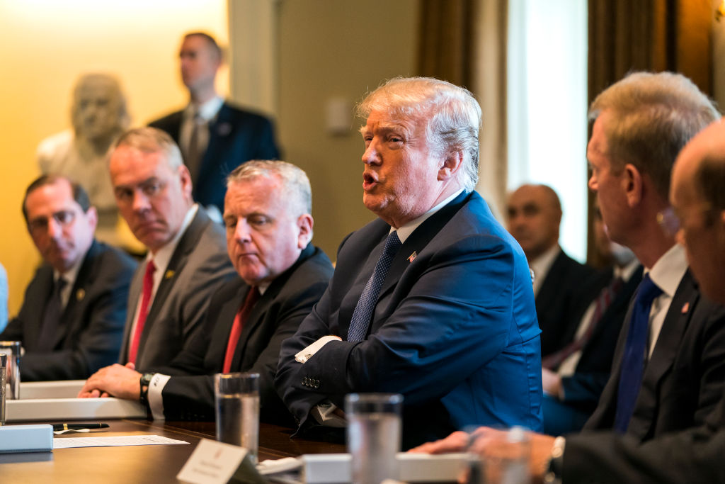 Donald Trump speaks with the media before a meeting with his cabinet in the Cabinet Room of the White House April 9, 2018 in Washington DC. CREDIT: Jim Lo Scalzo-Pool/Getty Images