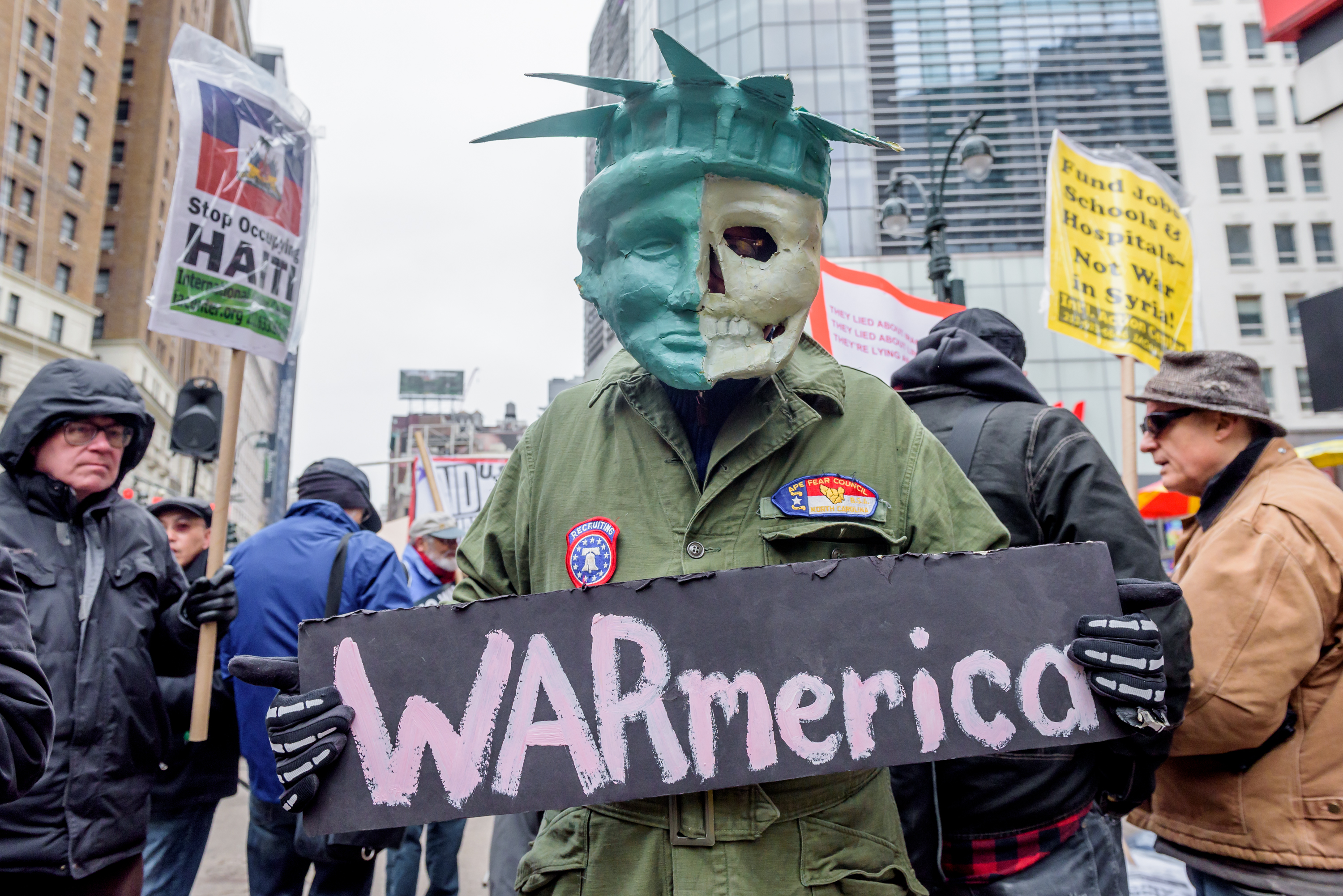 Hundreds took to the streets as antiwar and social justice groups organized a demonstration in New York City, with a rally at Herald Square and march to Trump Tower as part of national regional spring actions throughout the country opposing endless U.S. wars on April 15, 2018. (CREDIT: Erik McGregor/Pacific Press/LightRocket/Getty Images)