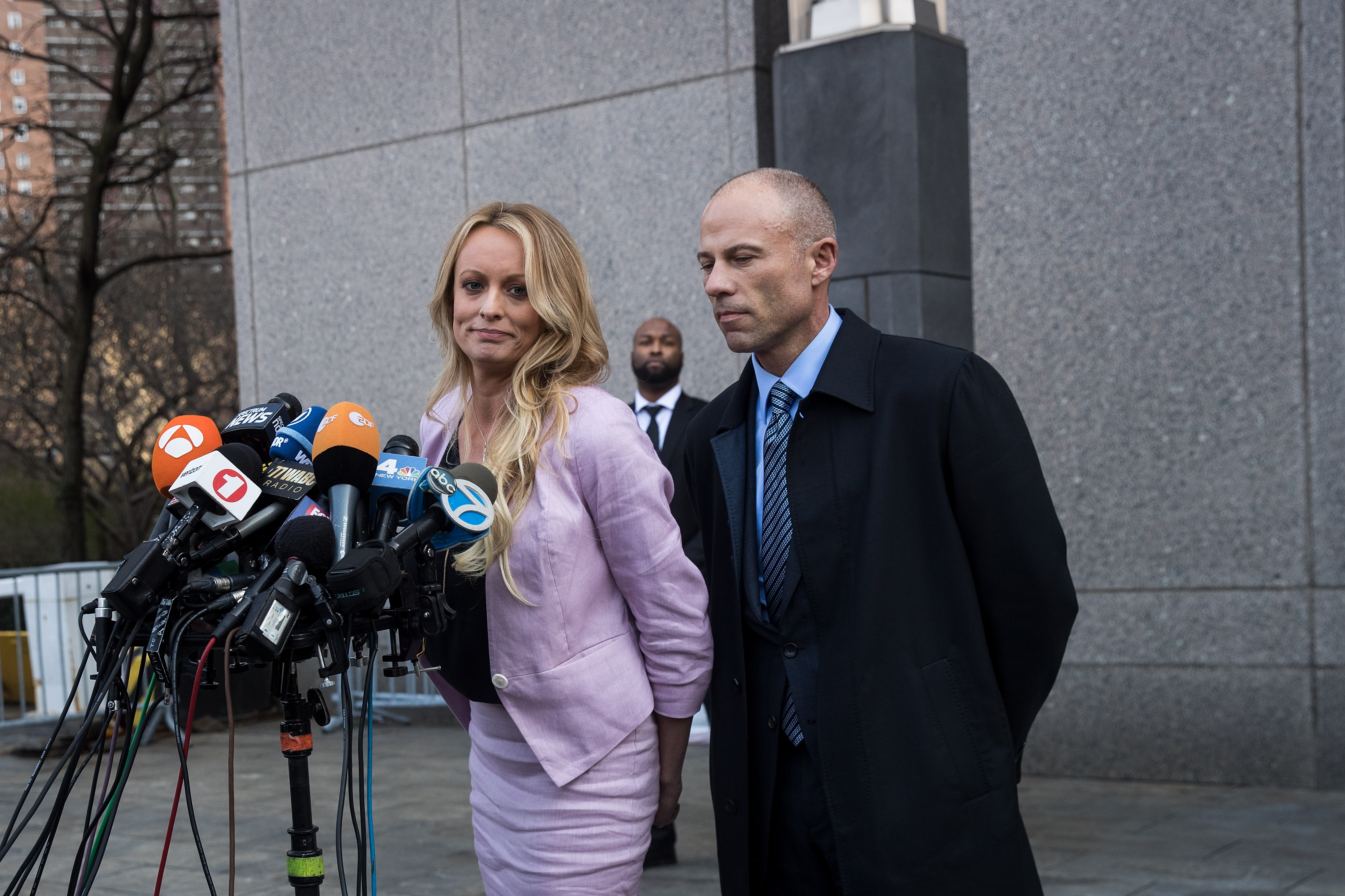 DANIELS AND AVENATTI OUTSIDE A COURTROOM IN NEW YORK CITY ON MONDAY. (CREDIT: Drew Angerer/Getty Images)
