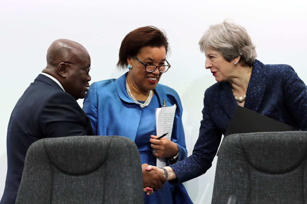 President of Ghana, Nana Akufo-Addo bids farewell to British Prime Minister Theresa May after taking part in the final press conference of CHOGM 2018 at Marlborough House on April 20, 2018 in London, England. CREDIT: Dan Kitwood/Getty Images