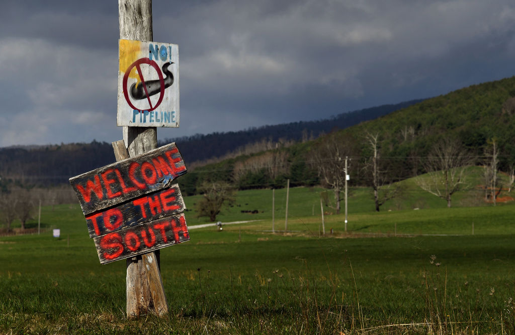 There are many hand painted signs along the roads near Bent Mountain, Virginia to protest against the Mountain Valley Pipeline Project. CREDIT: Michael S. Williamson/The Washington Post via Getty Images