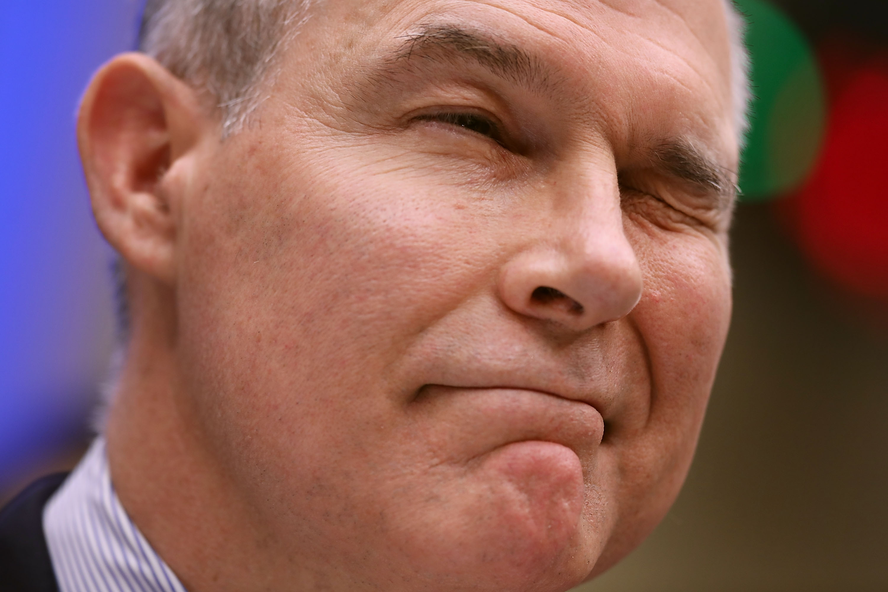 Environmental Protection Agency Administrator Scott Pruitt winks to lawmakers while testifying before the House Energy and Commerce Committee's Environment Subcommittee in the Rayburn House Office Building on Capitol Hill April 26, 2018 in Washington, DC. (CREDIT: Chip Somodevilla/Getty Images)