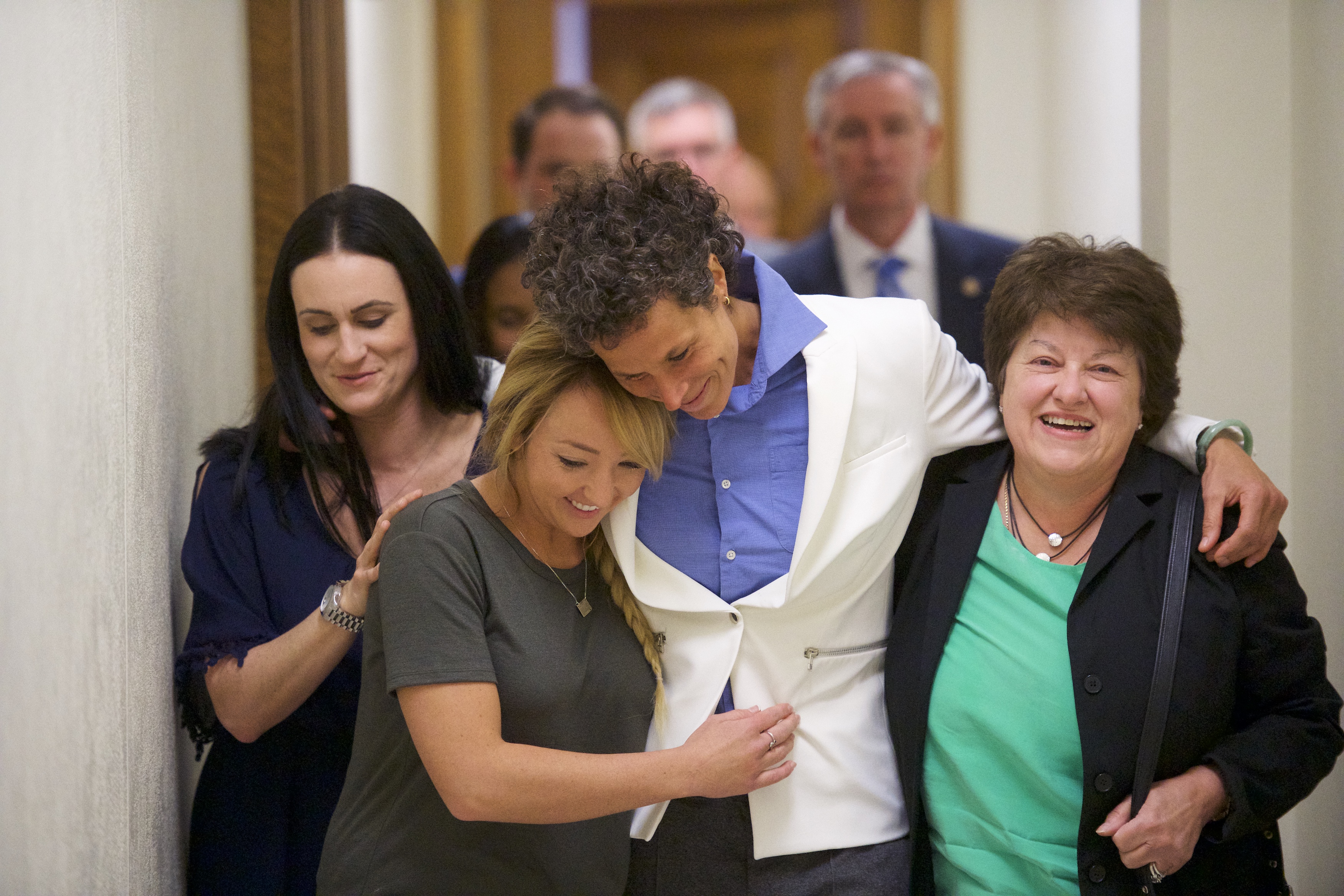 NORRISTOWN, PA - APRIL 26: Bill Cosby accuser Andrea Constand (C) reacts after the guilty on all counts verdict was delivered in the sexual assault retrial at the Montgomery County Courthouse on April 26, 2018 in Norristown, Pennsylvania. CREDIT: Mark Makela/Getty Images