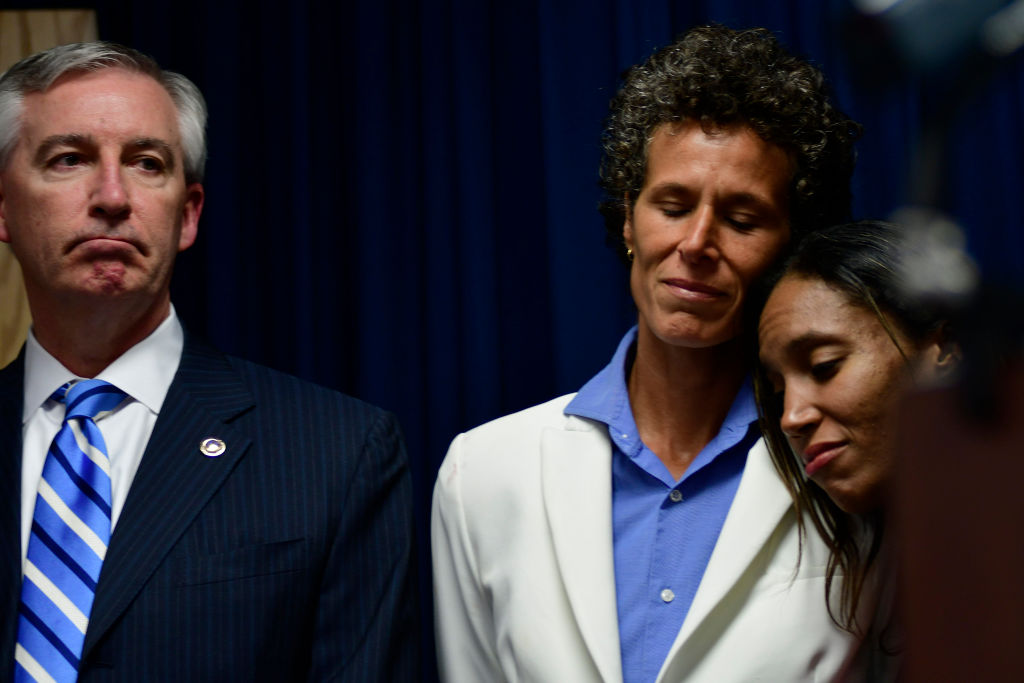 Andrea Constand and prosecutors reacts the guilty verdict of Bill Cosby on all three counts in the sexual assault trial of Bill Cosby. CREDIT: Bastiaan Slabbers/NurPhoto via Getty Images