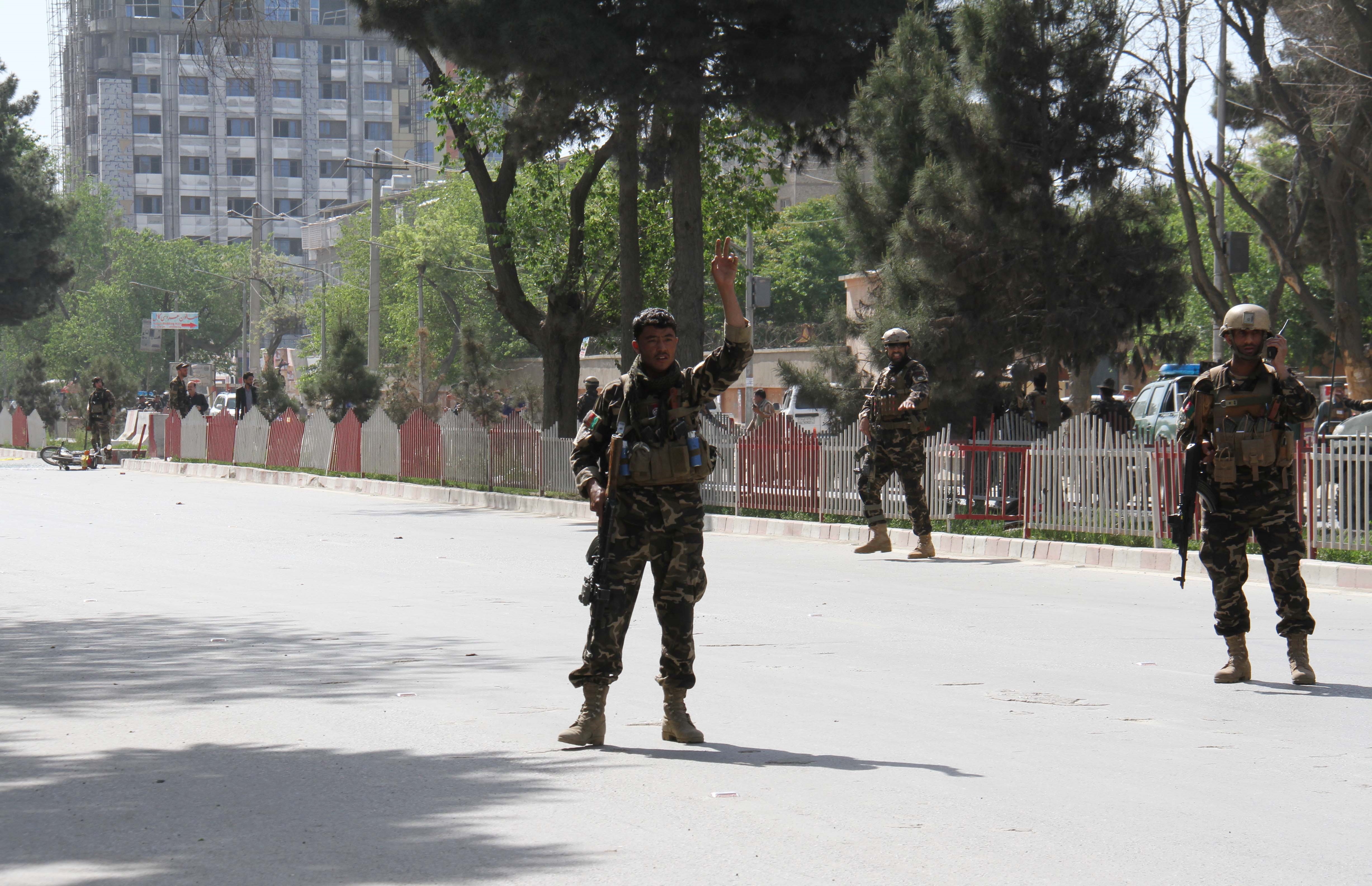 Soldiers take security measures after twin explosions targeted central Kabul, Afghanistan on April, 30, 2018. (Credit: Haroon Sabawoon/Anadolu Agency/Getty Images)