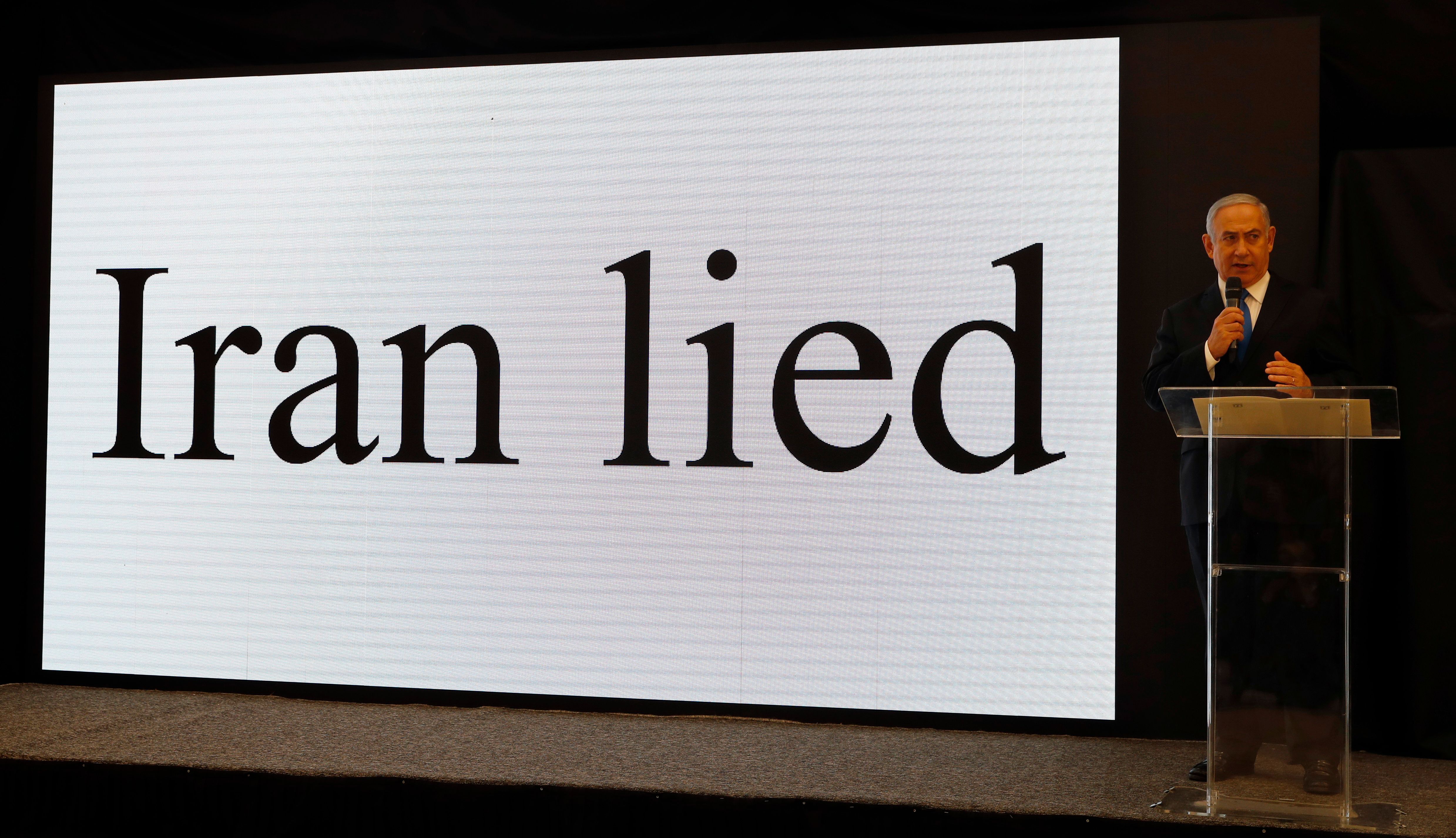 Israeli Prime Minister Benjamin Netanyahu delivers a speech on Iran's nuclear program at the defence ministry in Tel Aviv on April 30, 2018. CREDIT: Jack Guez/AFP/Getty Images.