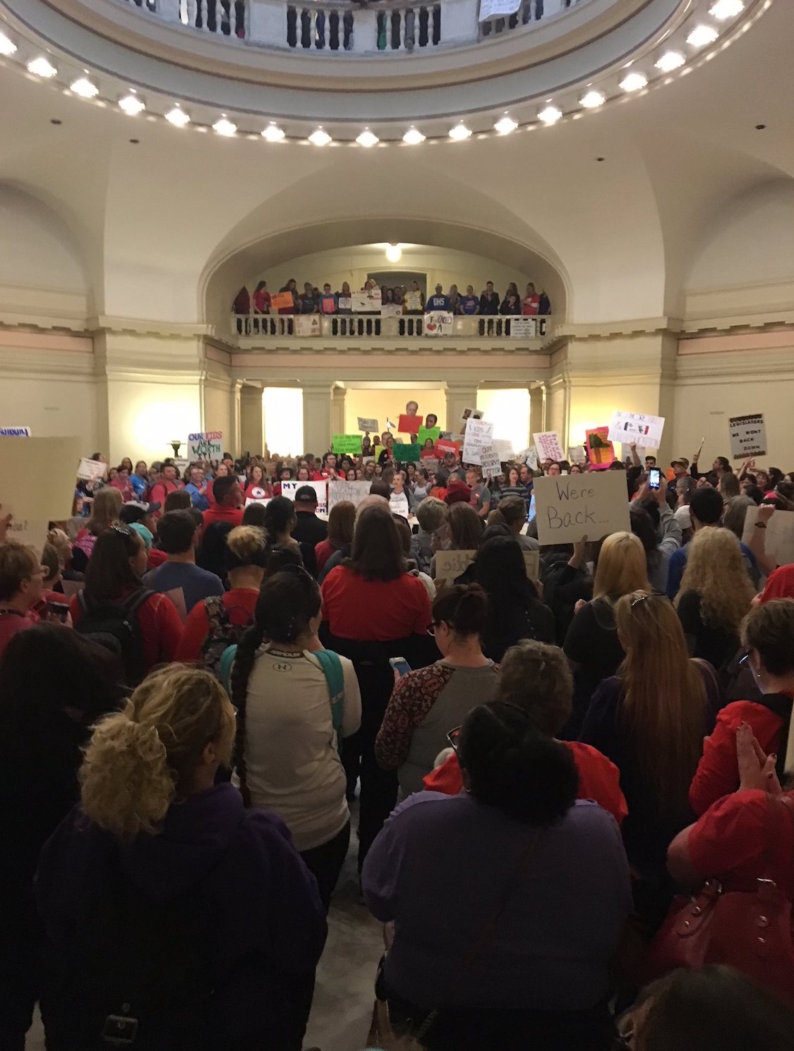 Teachers gather in the capitol building in Oklahoma City. (CREDIT: Oklahoma Education Association/Facebook)