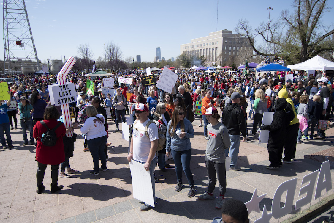 Thousands of teachers supporters strike at the state capitol on April 9, 2018 in Oklahoma City, Oklahoma. CREDIT: J Pat Carter/Getty Images
