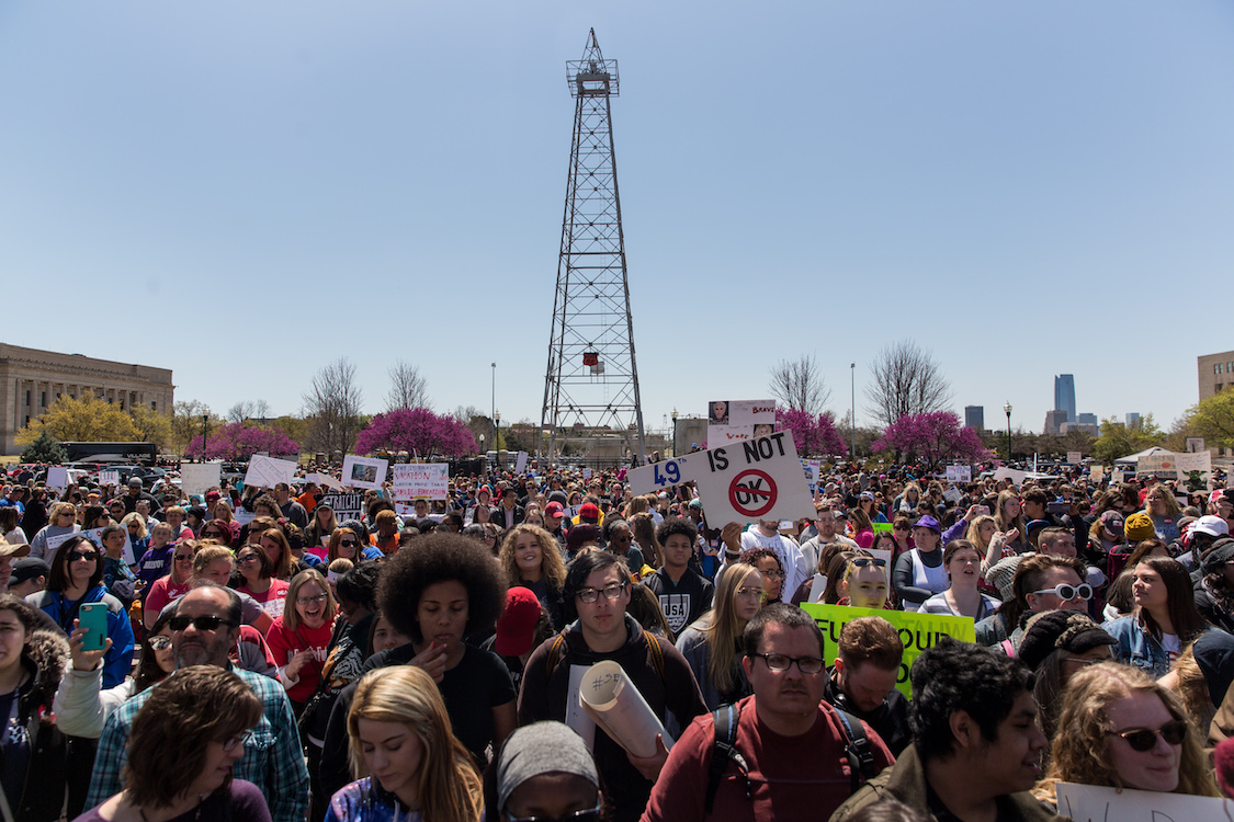 Thousands gathered outside the Oklahoma state Capitol building during the third day of a statewide education walkout on April 4, 2018 in Oklahoma City, Oklahoma. (CREDIT: Scott Heins/Getty Images)