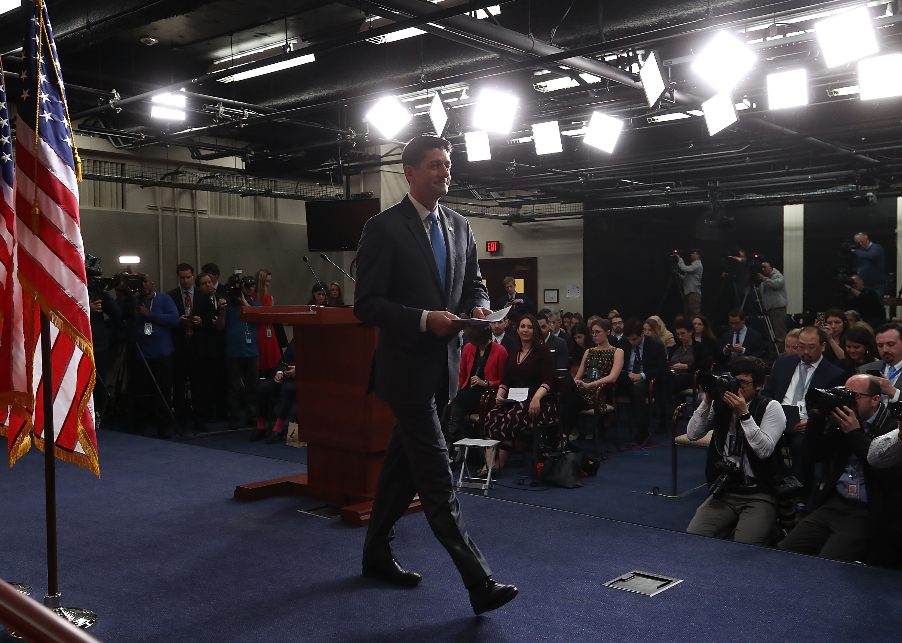 WASHINGTON, DC - APRIL 11: House Speaker Paul Ryan (R-WI), walks away after announcing that he will not seek re-election for another term in Congress. (Photo by Mark Wilson/Getty Images)