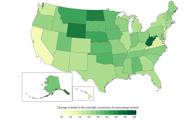 Difference by state in change in belief in the scientific consensus between the group exposed to the consensus message and a control group, who were not. CREDIT: Nature.