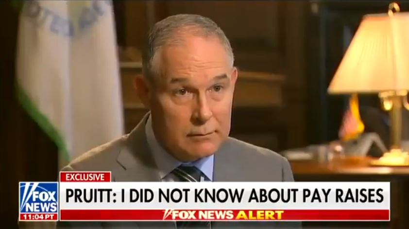 Scott Pruitt is interviewed on Fox News about pay raise scandal. Source: Screenshot/Fox News