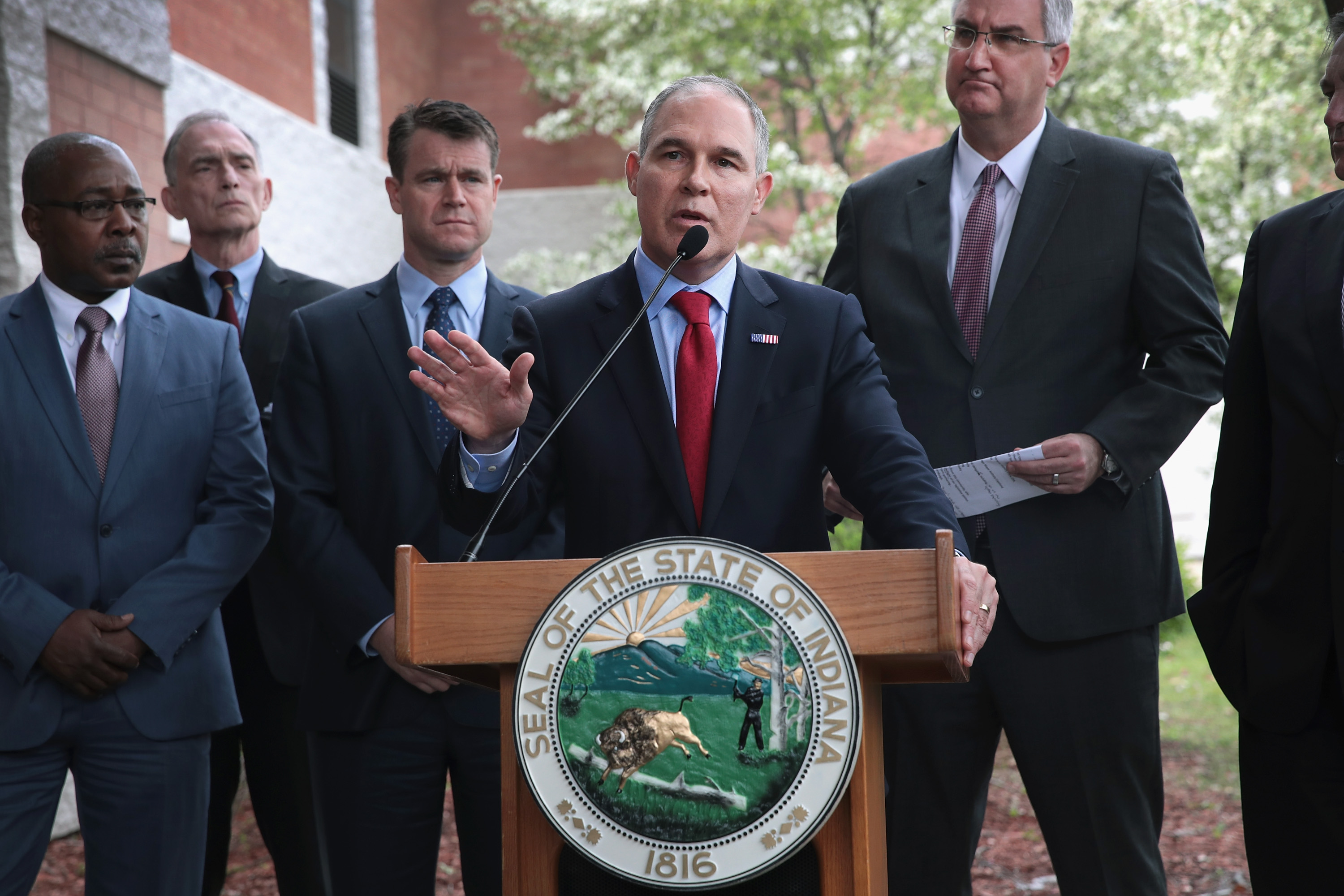 EPA Administrator Scott Pruitt gives a speech after taking a brief tour of a Superfund site April 19, 2017 in East Chicago, Indiana. CREDIT: Scott Olson/Getty Images