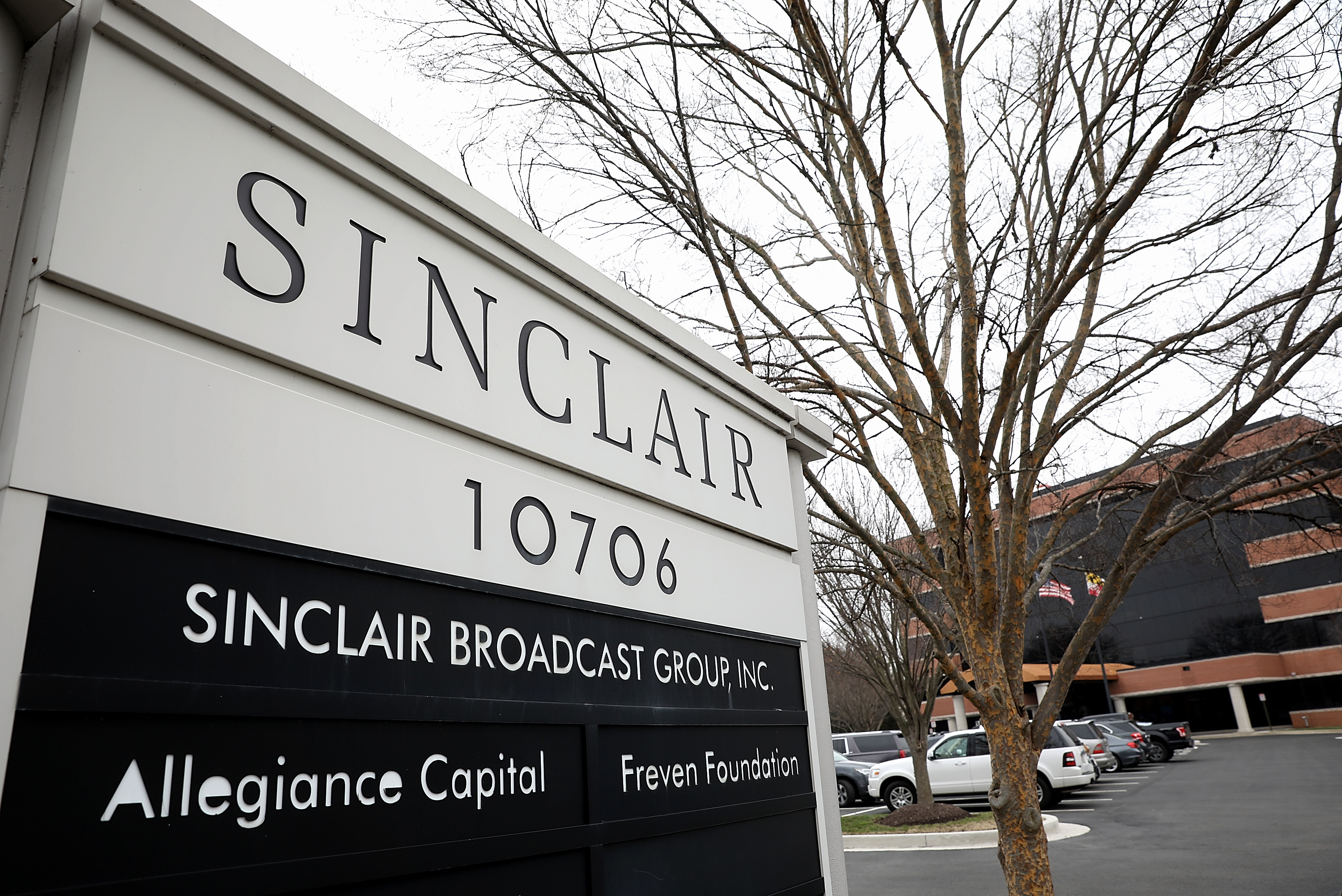 The headquarters of the Sinclair Broadcast Group in Hunt Valley, Maryland. The company, the largest owner of local television stations in the United States, has drawn attention recently for repeating claims by U.S President Donald Trump that traditional television and print publications offer "fake" or biased news. (Photo by Win McNamee/Getty Images)