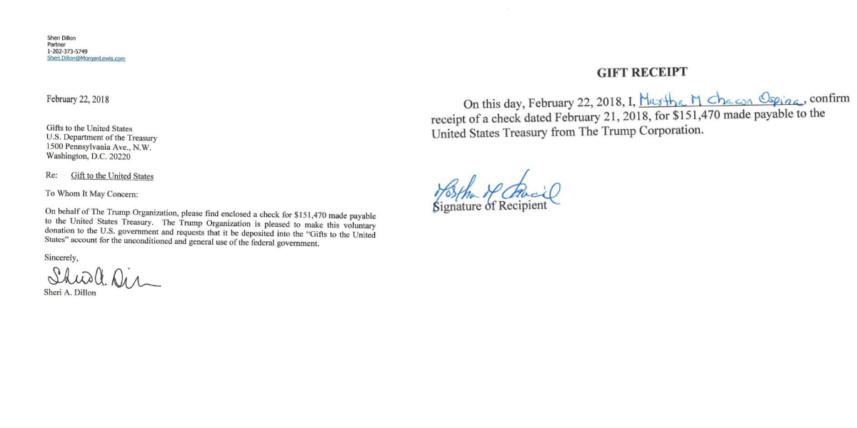 Screenshot of the Trump Organization's letter to the Treasury Department, Treasury Department's receipt of check