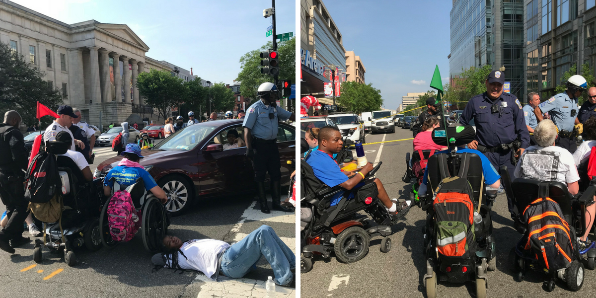 ADAPT activists protest outside of AARP headquarters in Washington, D.C. on May 15, 2018. (CREDIT: Amanda Michelle Gomez)