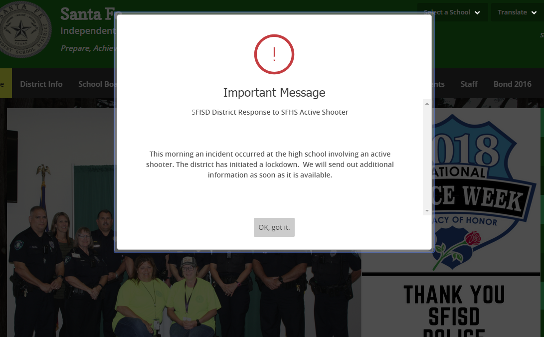 Screenshot of high school website Friday morning