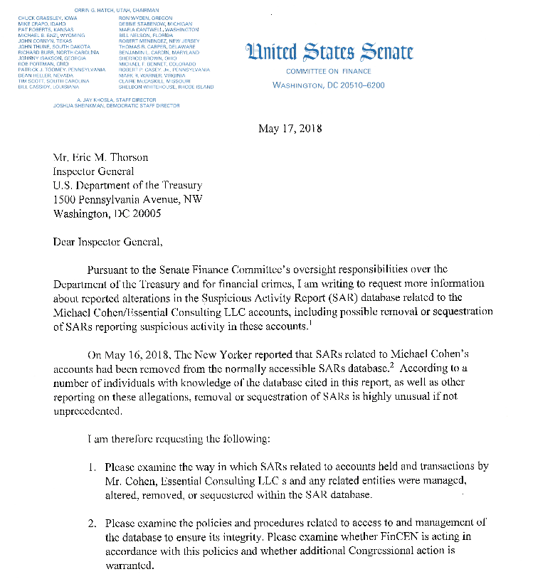 Screenshot of Sen. Wyden's letter to the Treasury Department inspector general