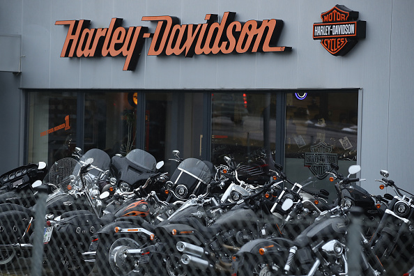 Harley-Davidson motorcycles stand on display at a dealership on March 8, 2018 in Potsdam, Germany. U.S. President Donald Trump has promised to authorize tariffs on imported steel and aluminum. (Photo by Sean Gallup/Getty Images)