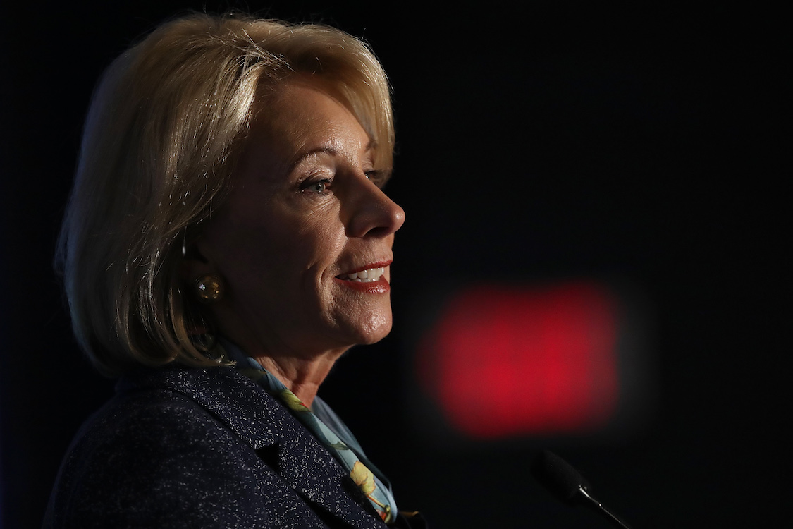 U.S. Education Secretary Betsy DeVos speaks at the National Parent-Teacher Association's 2018 Legislative Conference March 13, 2018 in Arlington, Virginia. (CREDIT: Win McNamee/Getty Images)
