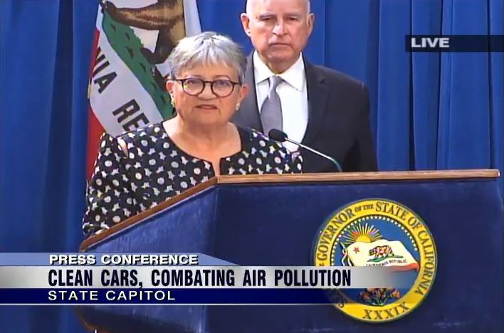 California Air Resources Board Chair Mary Nichols and California Gov. Jerry Brown speak at press conference on May 1, 2018, about the state's lawsuit against the EPA over its efforts to weaken or freeze fuel economy improvements in cars,. CREDIT: Screenshot/Office of governor of California