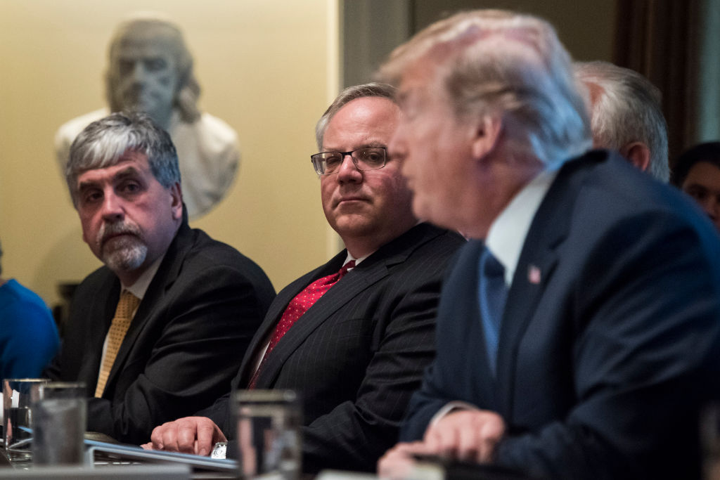 Deputy Interior Secretary David Bernhardt (center) listens as President Trump speaks during a cabinet meeting at the White House on November 1, 2017. CREDIT: Jabin Botsford/The Washington Post via Getty Images