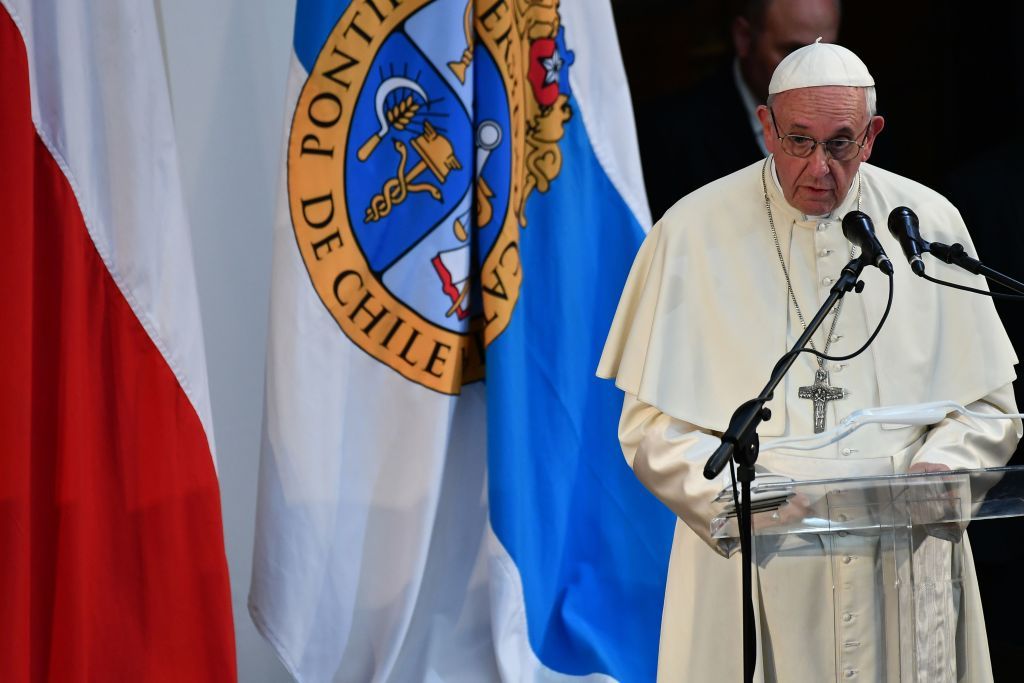 Pope Francis speaks in Santiago, Chile on January 17, 2018. His visit to Chile came at a time when a sex abuse scandal was rocking the country's Catholic Church. CREDIT: VINCENZO PINTO/AFP/Getty Images