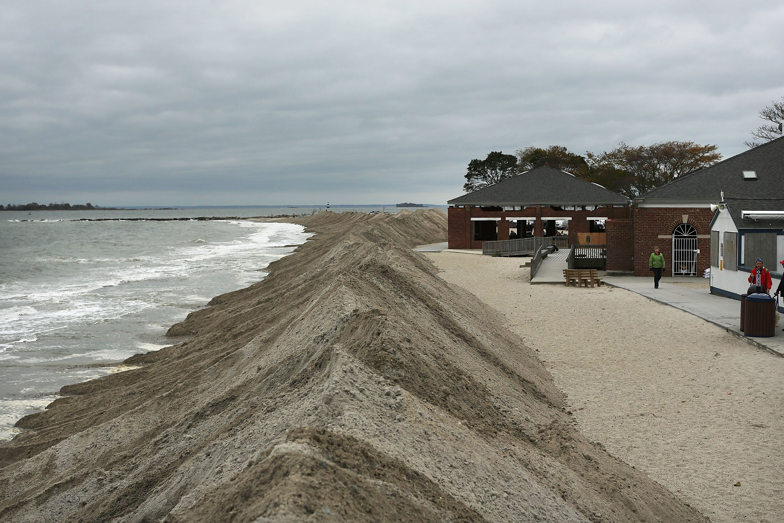 Protective berms are viewed on Compo Beach as the first signs of Hurricane Sandy approach on October 28, 2012 in Westport, Connecticut. CREDIT: Spencer Platt/Getty Images