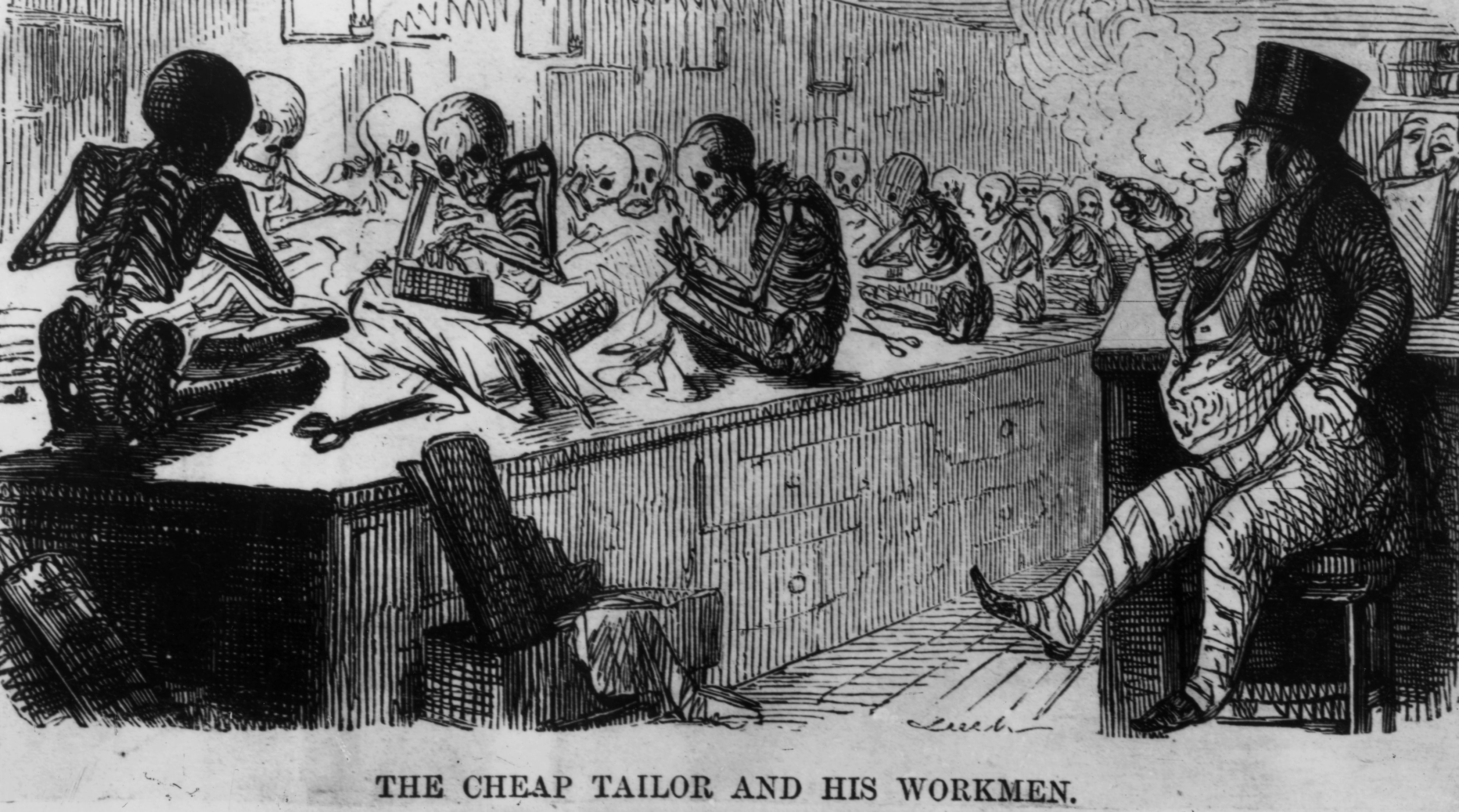 circa 1870: A cartoon satirising the sweatshops of the clothing industry. Original Artist: By John Leech from Punch Magazine. (Photo by Rischgitz/Getty Images)