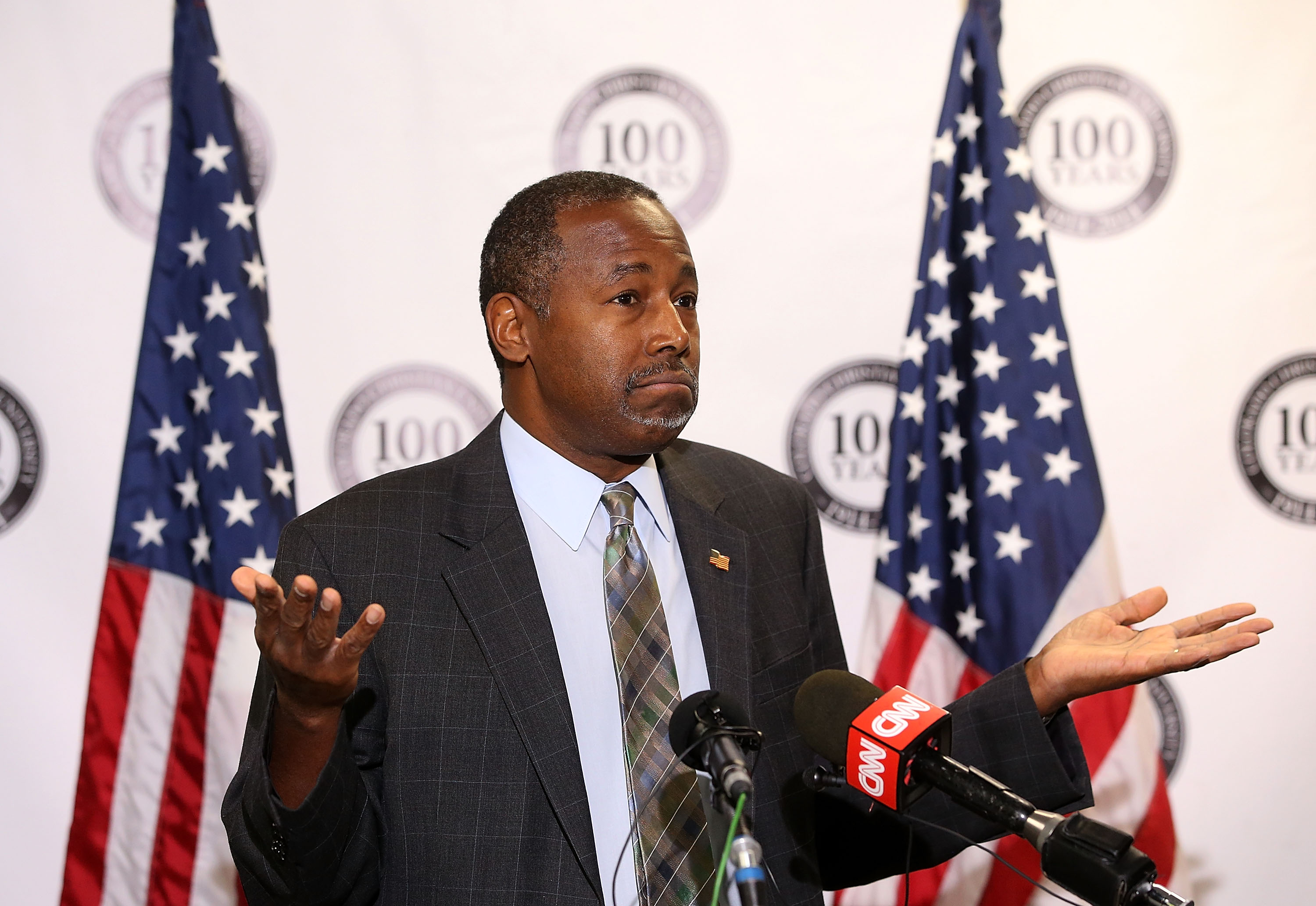 LAKEWOOD, CO - OCTOBER 29: Republican presidential candidate Ben Carson speaks during a news conference before a campaign event at Colorado Christian University on October 29, 2015 in Lakewood, Colorado. Ben Carson was back on the campaign trail a day after the third republican debate held at the University of Colorado Boulder. (Photo by Justin Sullivan/Getty Images)