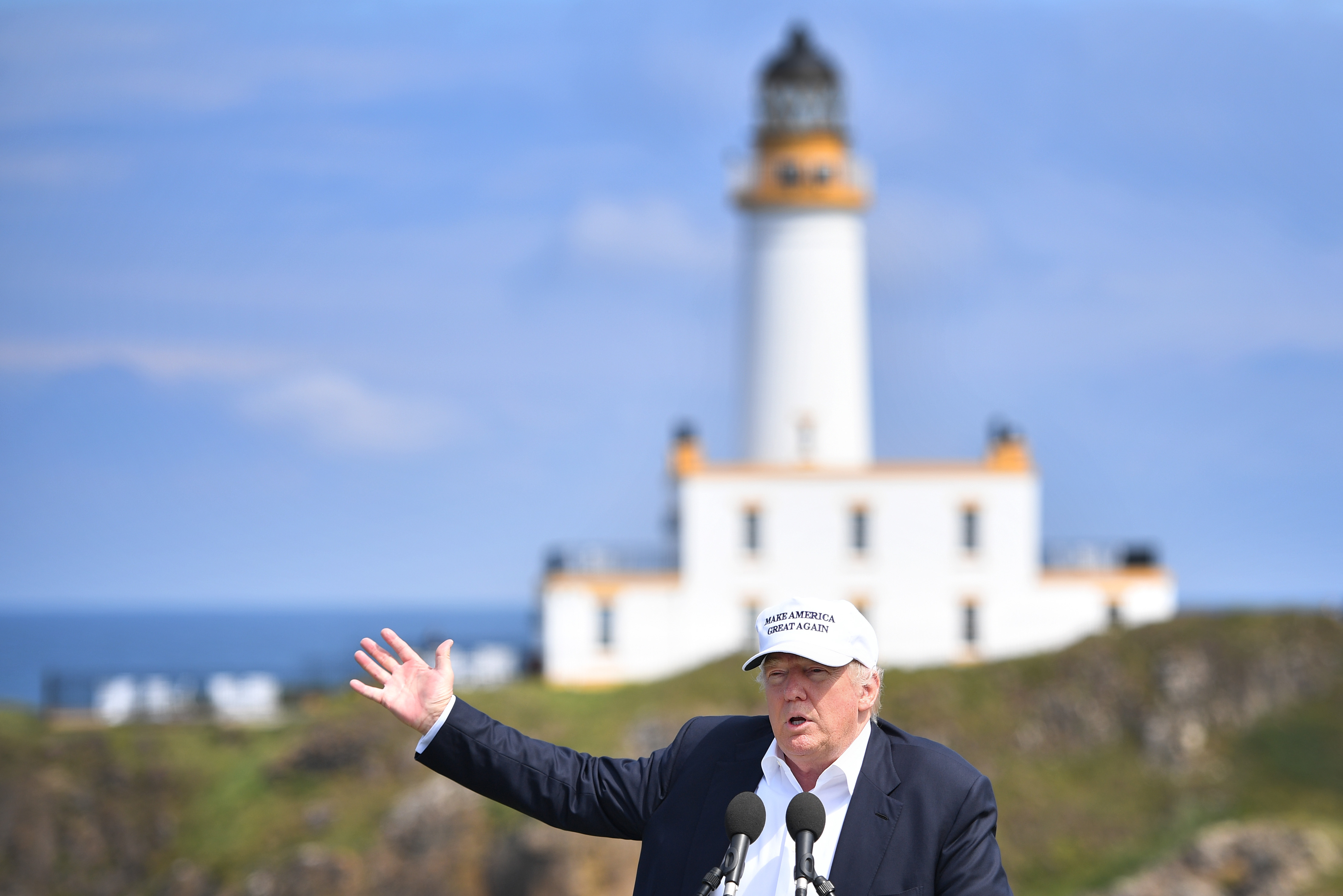 Donald Trump gives a press conference on the 9th tee at his Trump Turnberry Resort on June 24, 2016 in Ayr, Scotland. (Jeff J Mitchell/Getty Images)