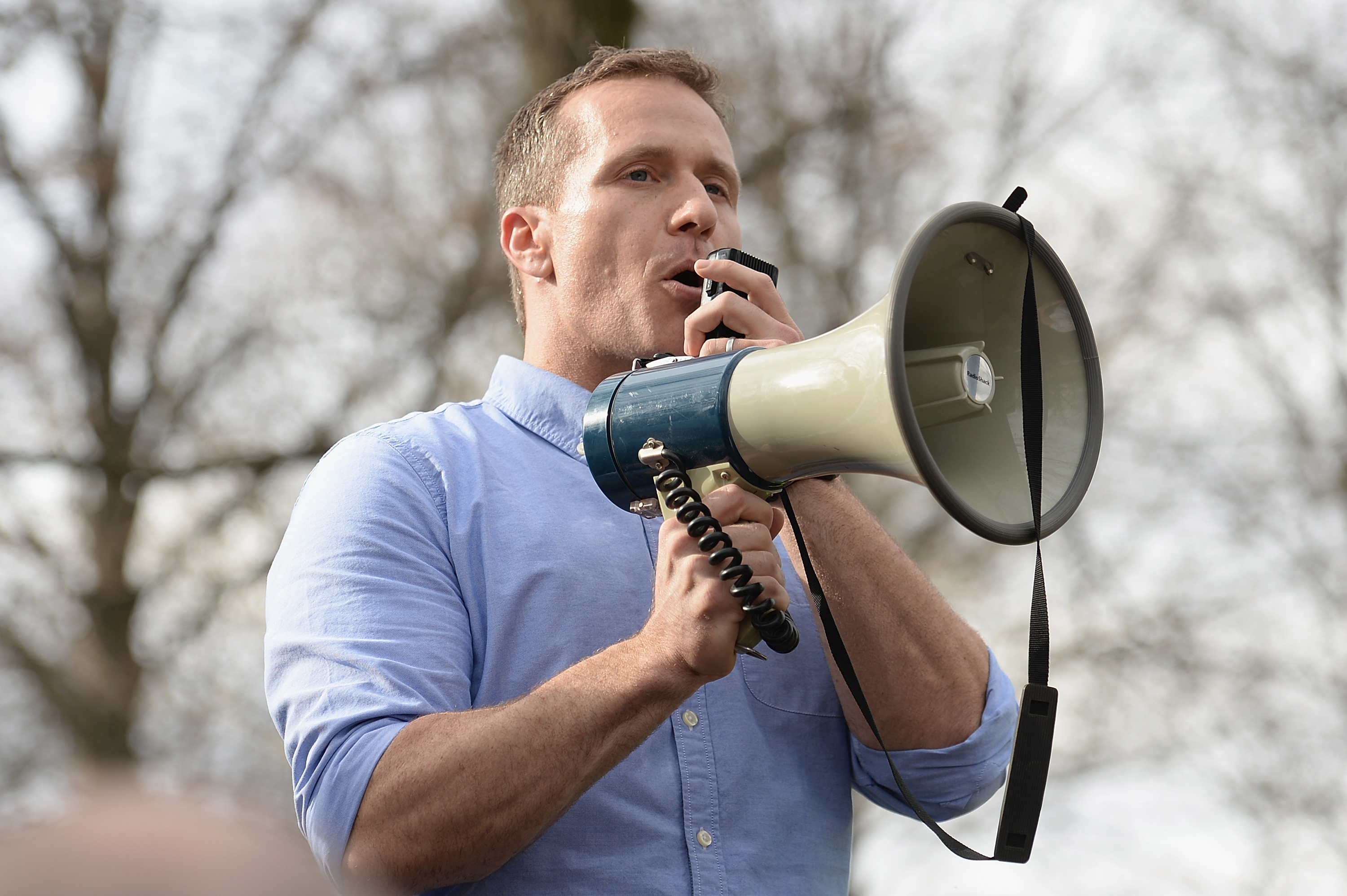 Missouri Governor Eric Greitens addresses the crowd at Chesed Shel Emeth Cemetery on February 22, 2017 in University City, Missouri. CREDIT: Photo: Michael Thomas/ Getty Images