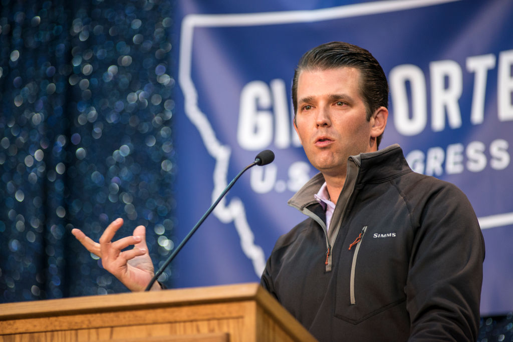 BOZEMAN, MT - APRIL 22: Donald Trump Jr. speaks at a rally for Republican Greg Gianforte as he campaigns for the Montana House of Representatives seat vacated by the appointment of Ryan Zinke to head the Department of Interior on April 22, 2017 in Bozeman, Montana. (Photo by William Campbell/Corbis via Getty Images)