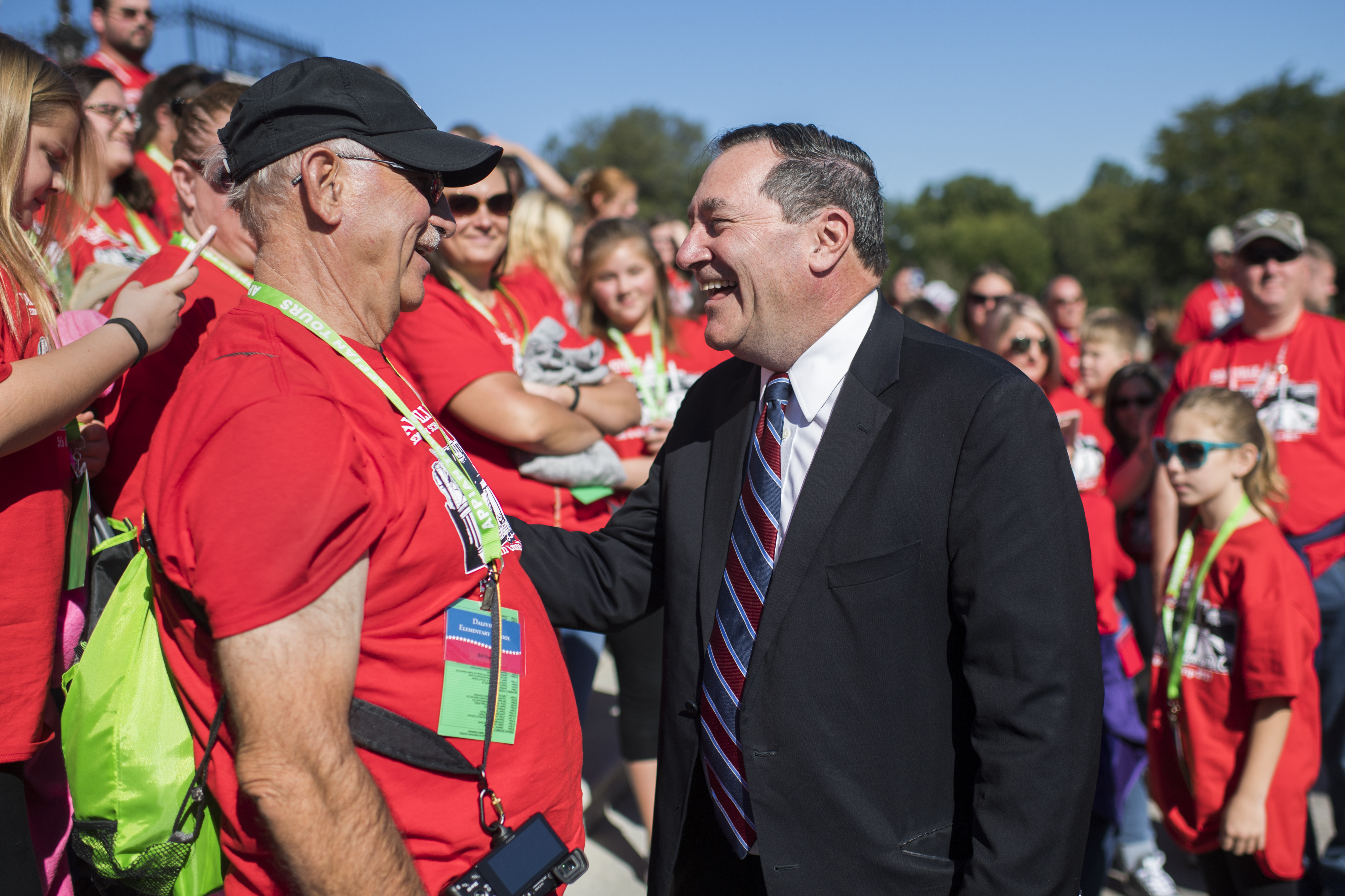 Sen. Joe Donnelly, D-Ind., talks with a tour group from Daleville, Ind., on the Senate steps on October 18, 2017. CREDIT: Photo By Tom Williams/CQ Roll Call
