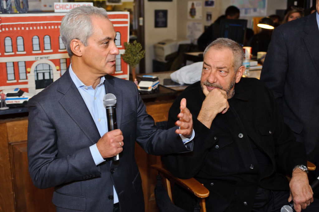 Chicago Mayor Rahm Emanuel with TV producer Dick Wolf at a party celebrating the 100th episode of Wolf's show "Chicago P.D." in January. CREDIT: Timothy Hiatt/Getty Images