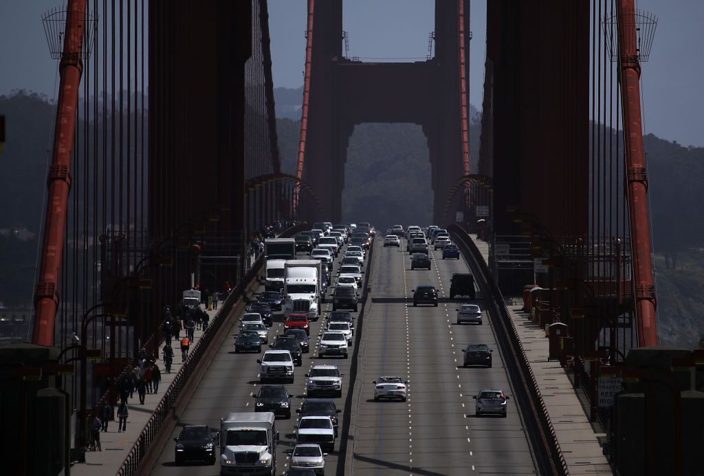 SAUSALITO, CA - MAY 01: Traffic backs as it travels northbound on the Golden Gate Bridge on May 1, 2018 in Sausalito, California. CREDIT: Justin Sullivan/Getty Images