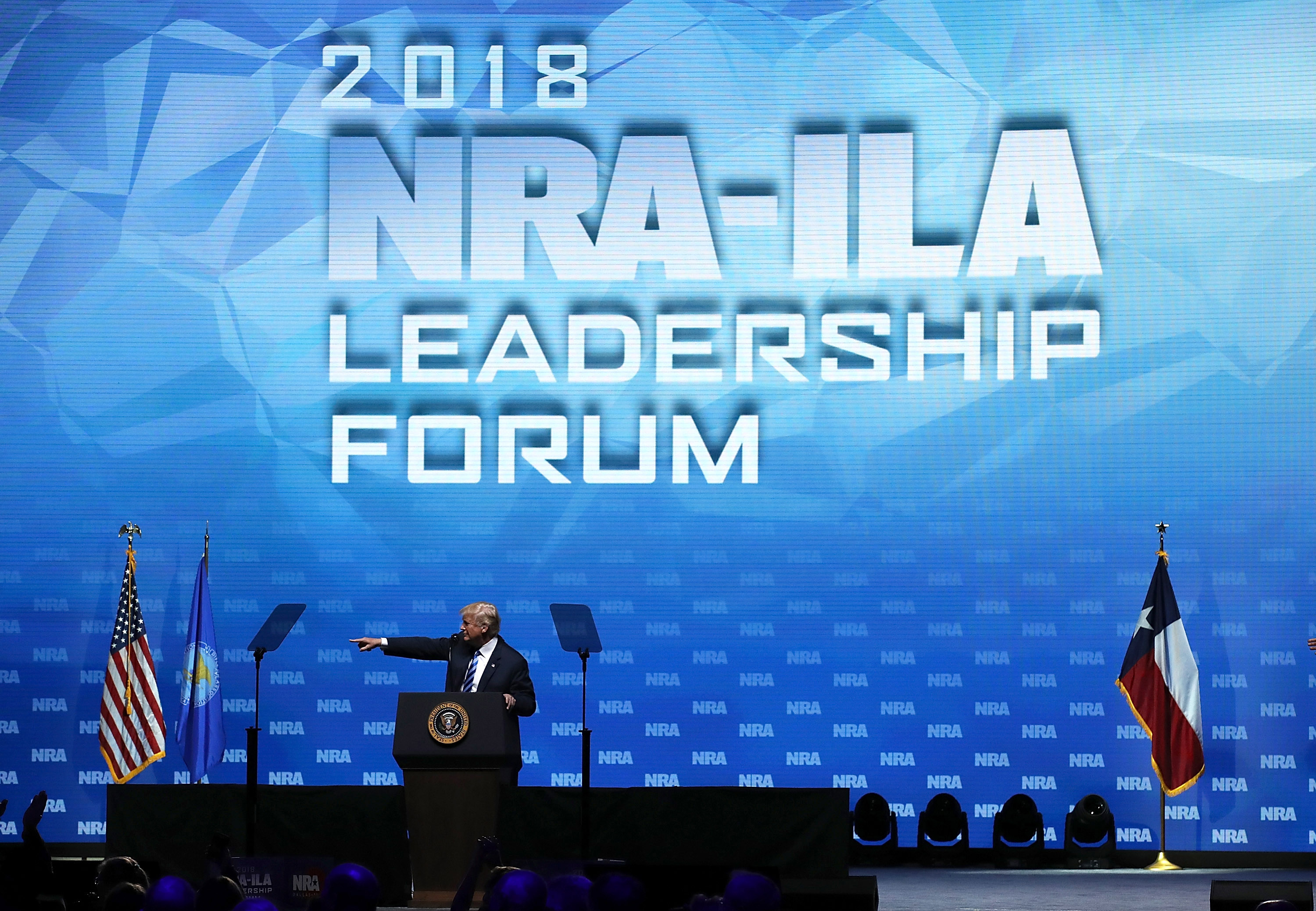 President Donald Trump speaks at the NRA-ILA Leadership Forum in Dallas. CREDIT: Justin Sullivan/Getty Images