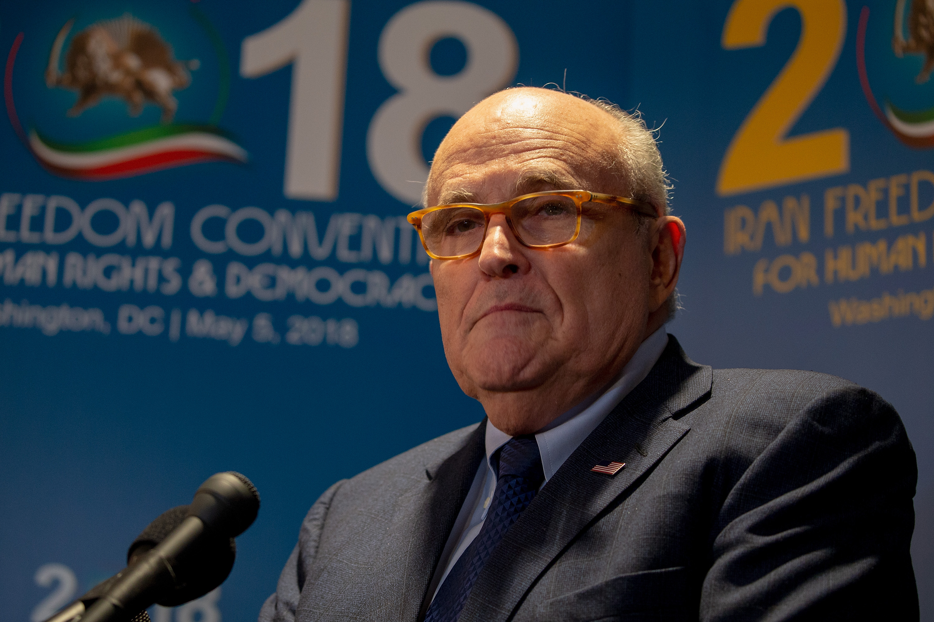 Latest appointee to President Donald Trump's legal team and former Mayor of New York City Rudy Giuliani takes questions from the media after speaking at the Conference on Iran on May 5, 2018 in Washington, DC. (CREDIT: Tasos Katopodis/Getty Images)