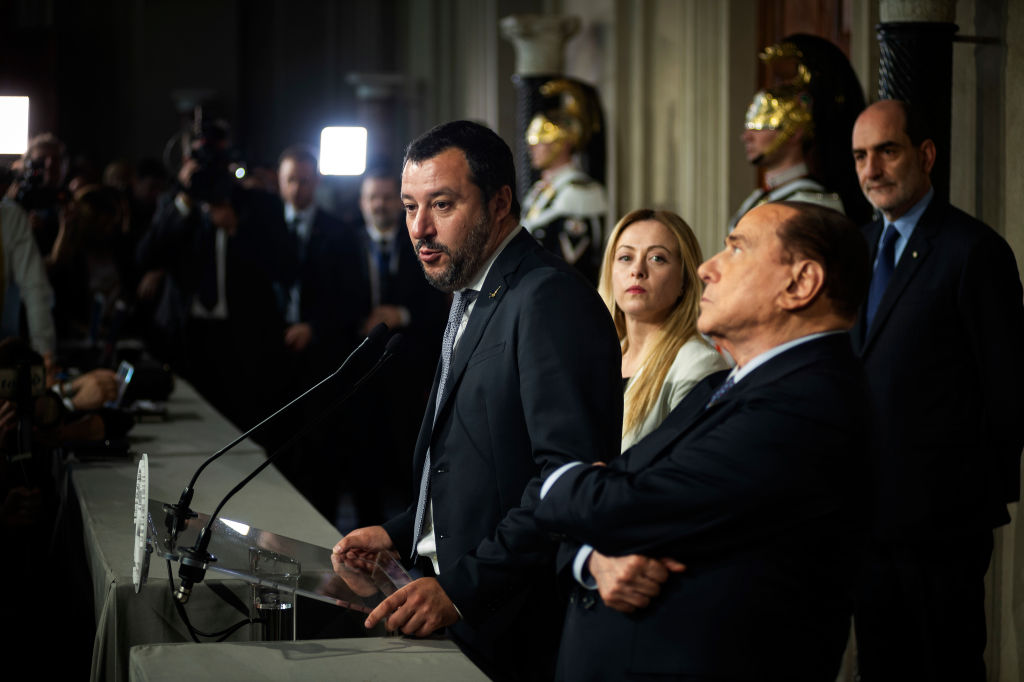 Matteo Salvini(C), Leader of Lega political party, Silvio Berlusconi, Leader of Forza Italia and Giorgia Meloni, leader of Fratelli d'Italia speaks to the press after a new day of meetings with Italian President Sergio Mattarella on formation of the new government on May 7, 2018 in Rome, Italy. (CREDIT: Antonio Masiello/Getty Images)