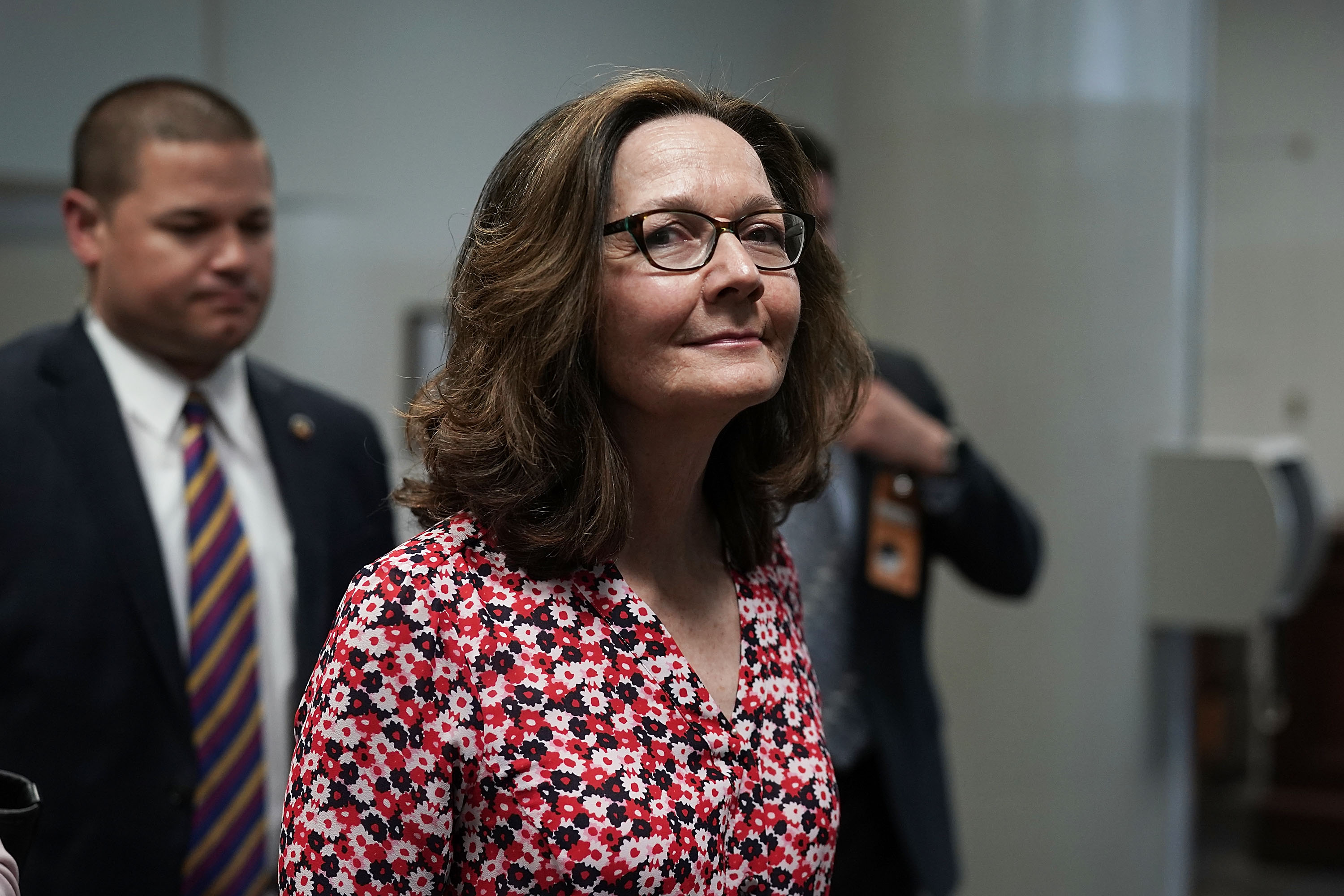 CIA nominee Gina Haspel (R) is seen waiting for the Senate subway while she is on Capitol Hill for meetings with senators in this May 7, 2018, photo. CREDIT: Alex Wong/Getty Images