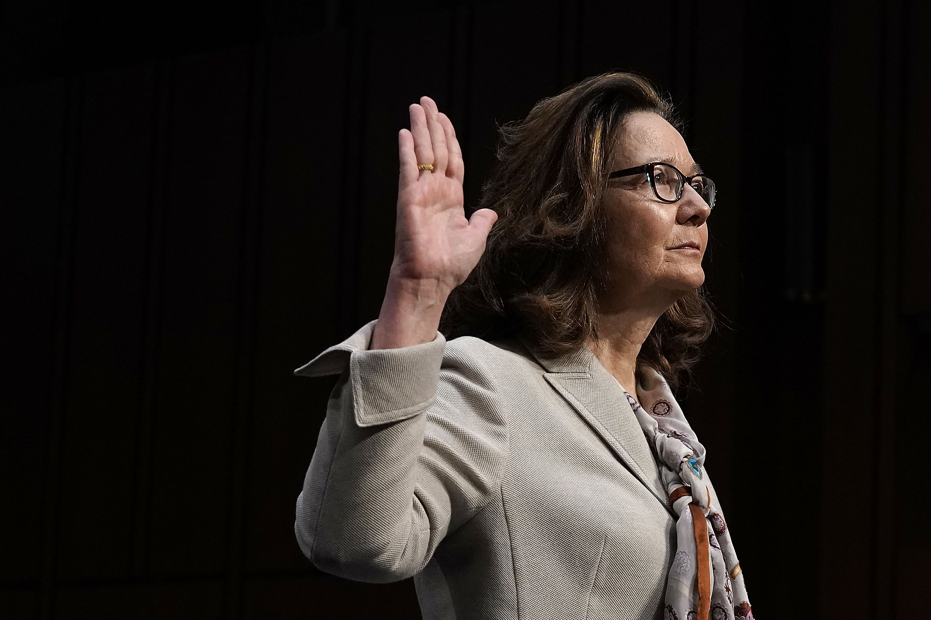 CIA Director nominee Gina Haspel is sworn in during her confirmation hearing before the Senate Select Committee on Intelligence, May 9, 2018 in Washington, DC. If confirmed, Haspel will succeed Mike Pompeo to be the next CIA director. CREDIT: Alex Wong/Getty Images