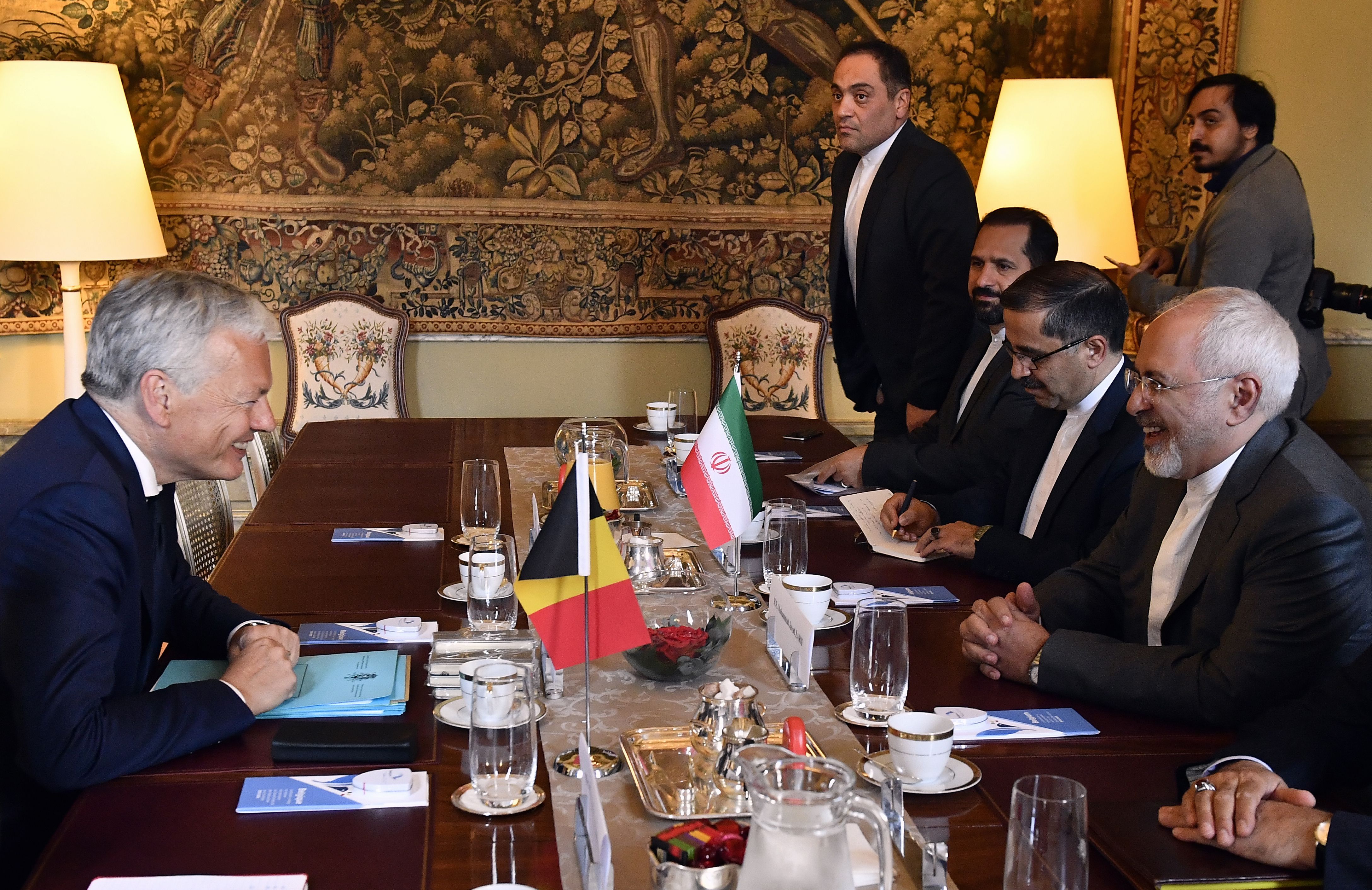 Belgium's Vice-Prime Minister and Foreign Minister Didier Reynders attends a meeting with Iran Minister of Foreign Affairs Mohammad Javad Zarif in Brussels on May 15, 2018. CREDIT: Eric Lalmand/BELGA/ AFP/Getty Images.