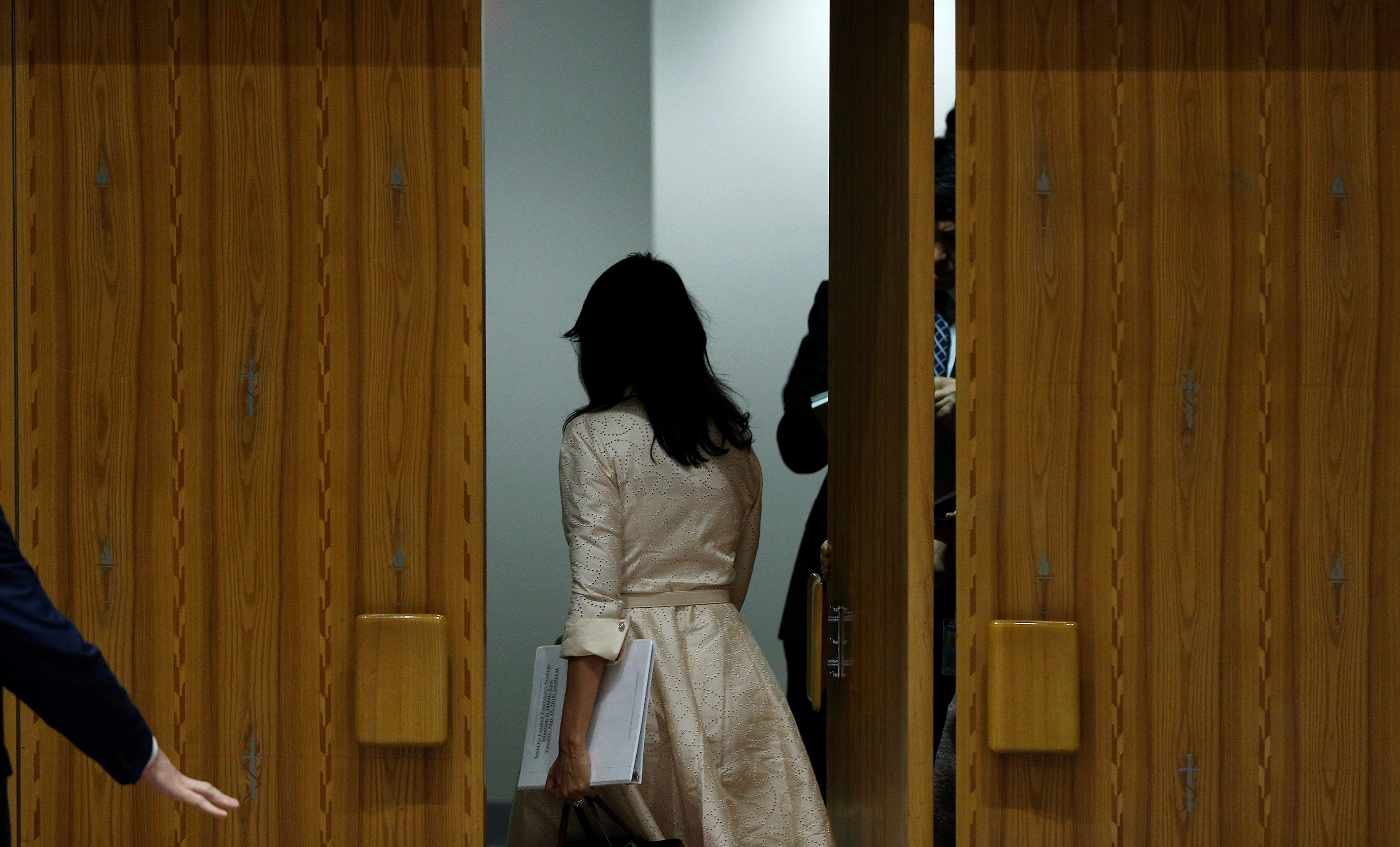 U.S. Ambassador to the United Nations, Nikki Haley walks out of the chamber as Permanent Observer of Palestine to the United Nations Riyad Mansour begins to speak during Security Council meeting on the situation in Gaza at United Nations Headquarters in New York, United States on May 15, 2018. (CREDIT: Atilgan Ozdil/Anadolu Agency/Getty Images)
