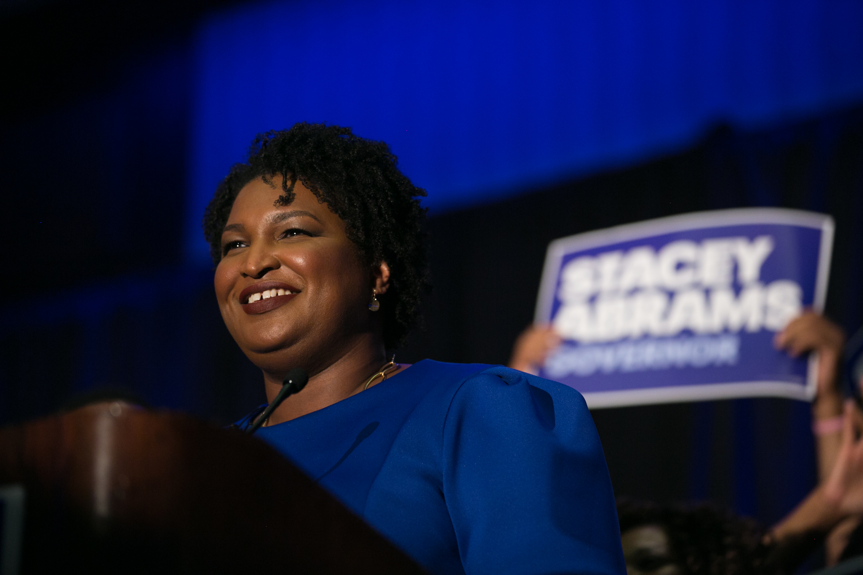 Georgia Democratic Gubernatorial candidate Stacey Abrams takes the stage to declare victory in the primary during an election night event on May 22, 2018 in Atlanta, Georgia. CREDIT: Photo by Jessica McGowan/Getty Images