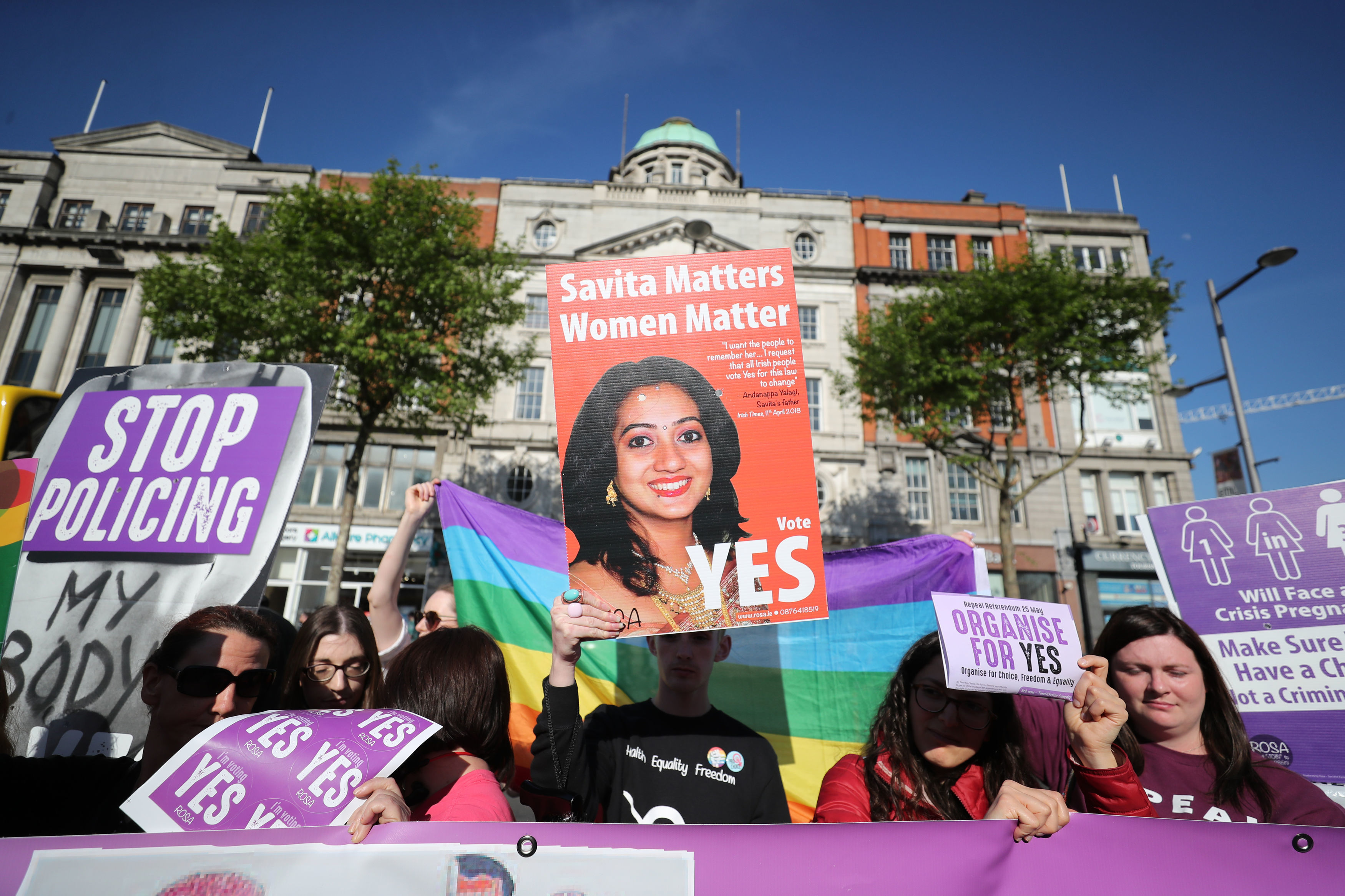 Savita Halappanavar’s image is being held up by demonstrators calling for repealing the eighth amendment in Dublin, Ireland. (CREDIT: Niall Carson/PA Images/Getty Images)